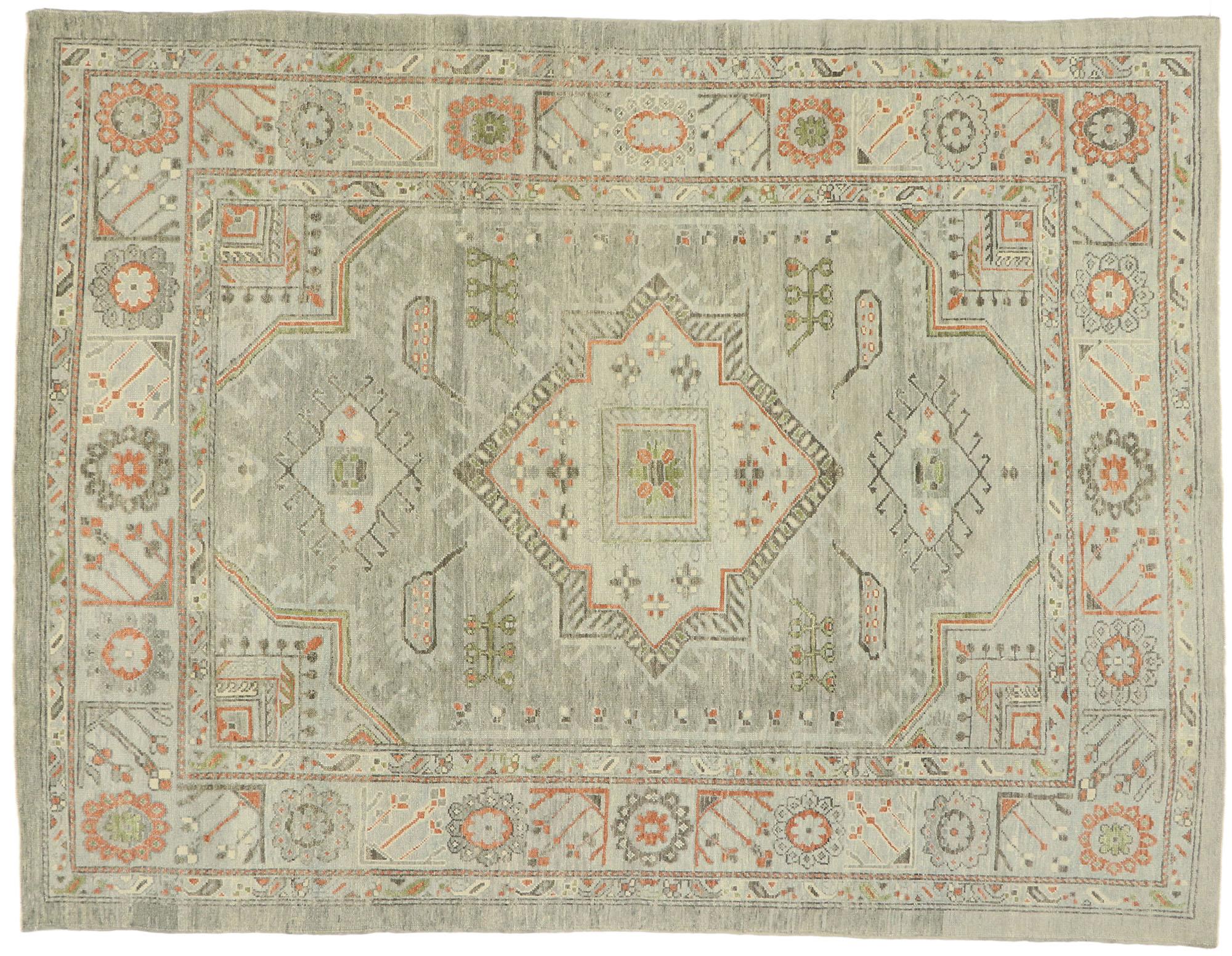 Zeitgenössischer blau-grauer türkischer Oushak-Teppich, 09'01 x 12'01 im Angebot 2