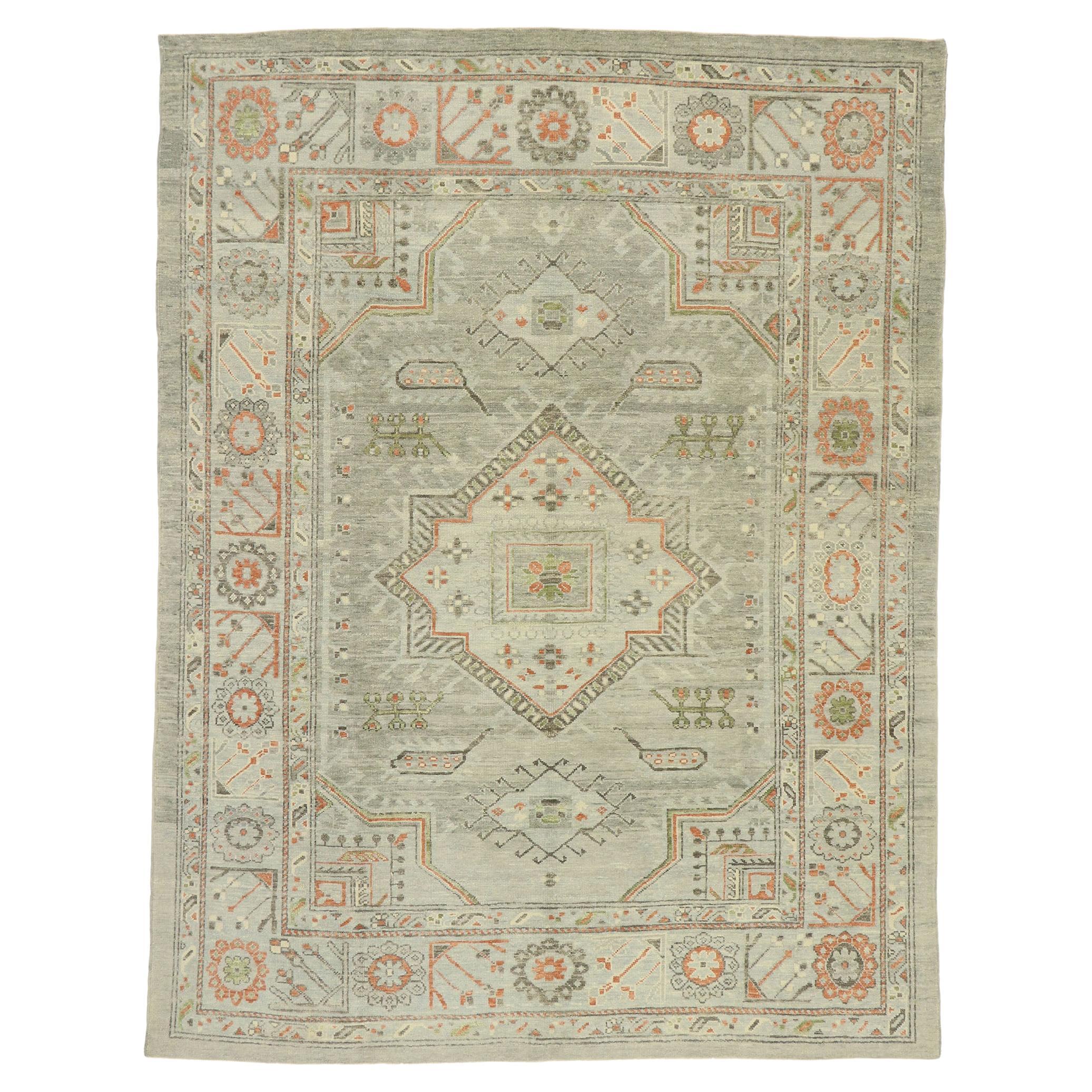 Contemporary Blue-Gray Turkish Oushak Carpet, 09'01 x 12'01