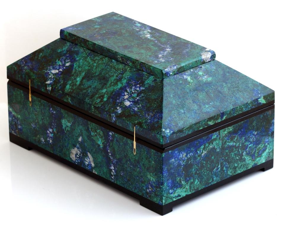 Russian Contemporary Blue Green Azurite Malachite Box with Hinged Lid For Sale