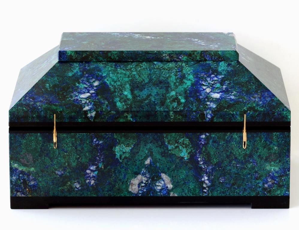 Precious Stone Contemporary Blue Green Azurite Malachite Box with Hinged Lid For Sale