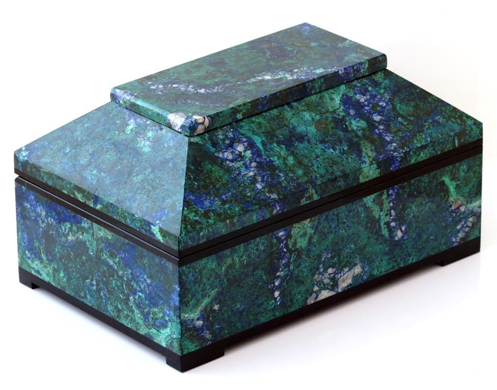 Pierre précieuse Boîte contemporaine en malachite azurite bleue et verte avec couvercle à charnière en vente