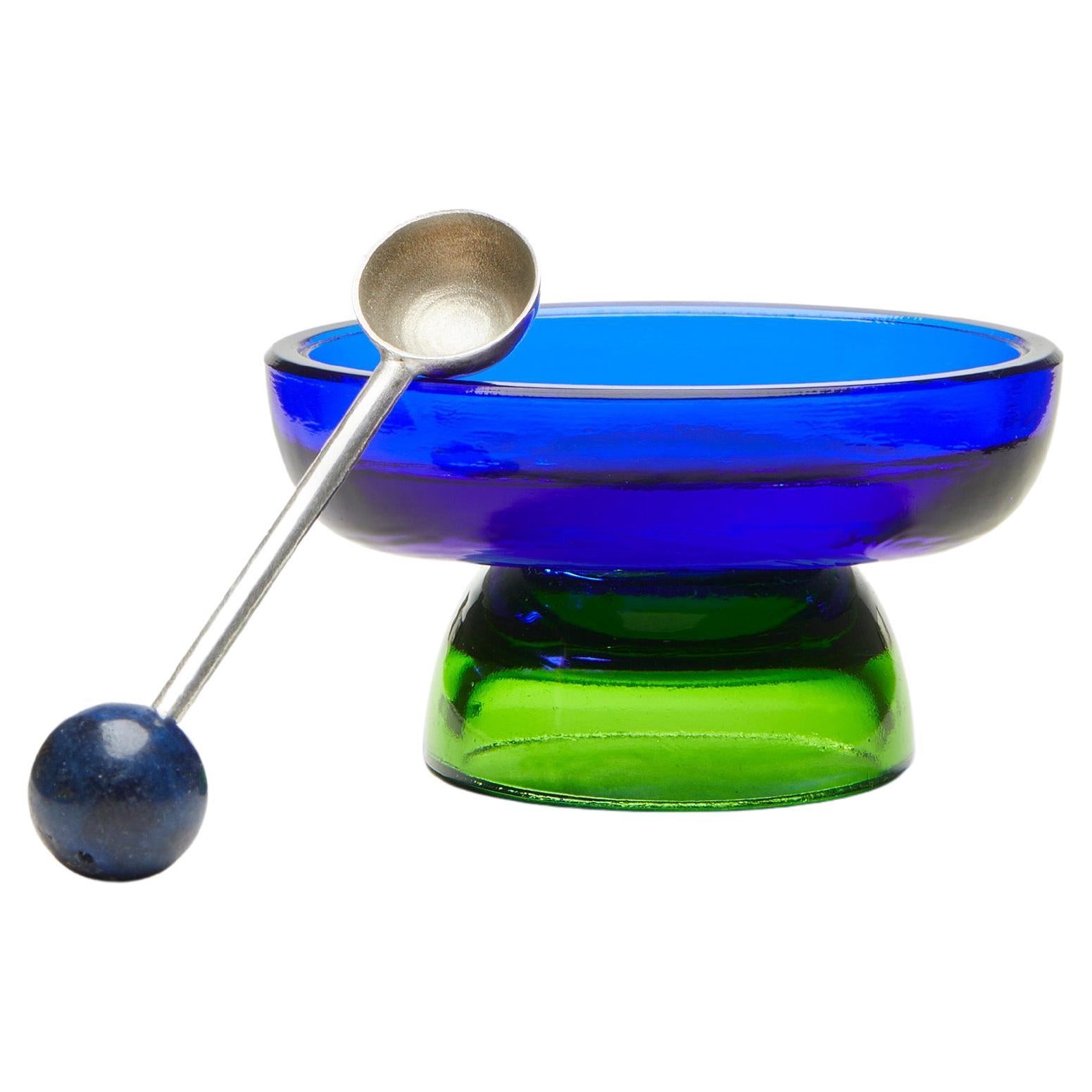 Contemporary Blue Green Glass Blown Salt Cellar Server Spoon by Natalia Criado For Sale