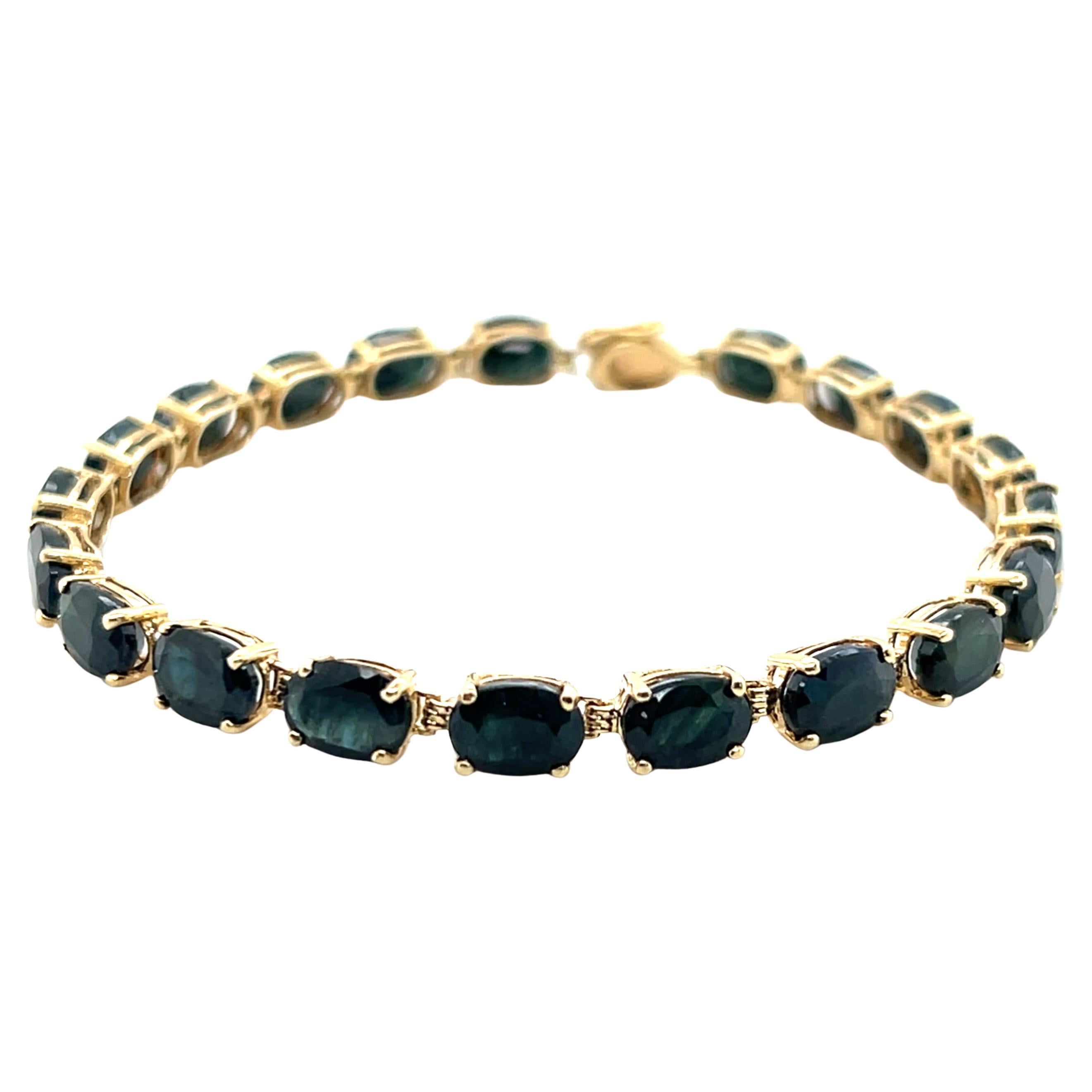 Contemporary Blue-Green Sapphire 14k Yellow Gold Tennis Bracelet Vintage 1980s