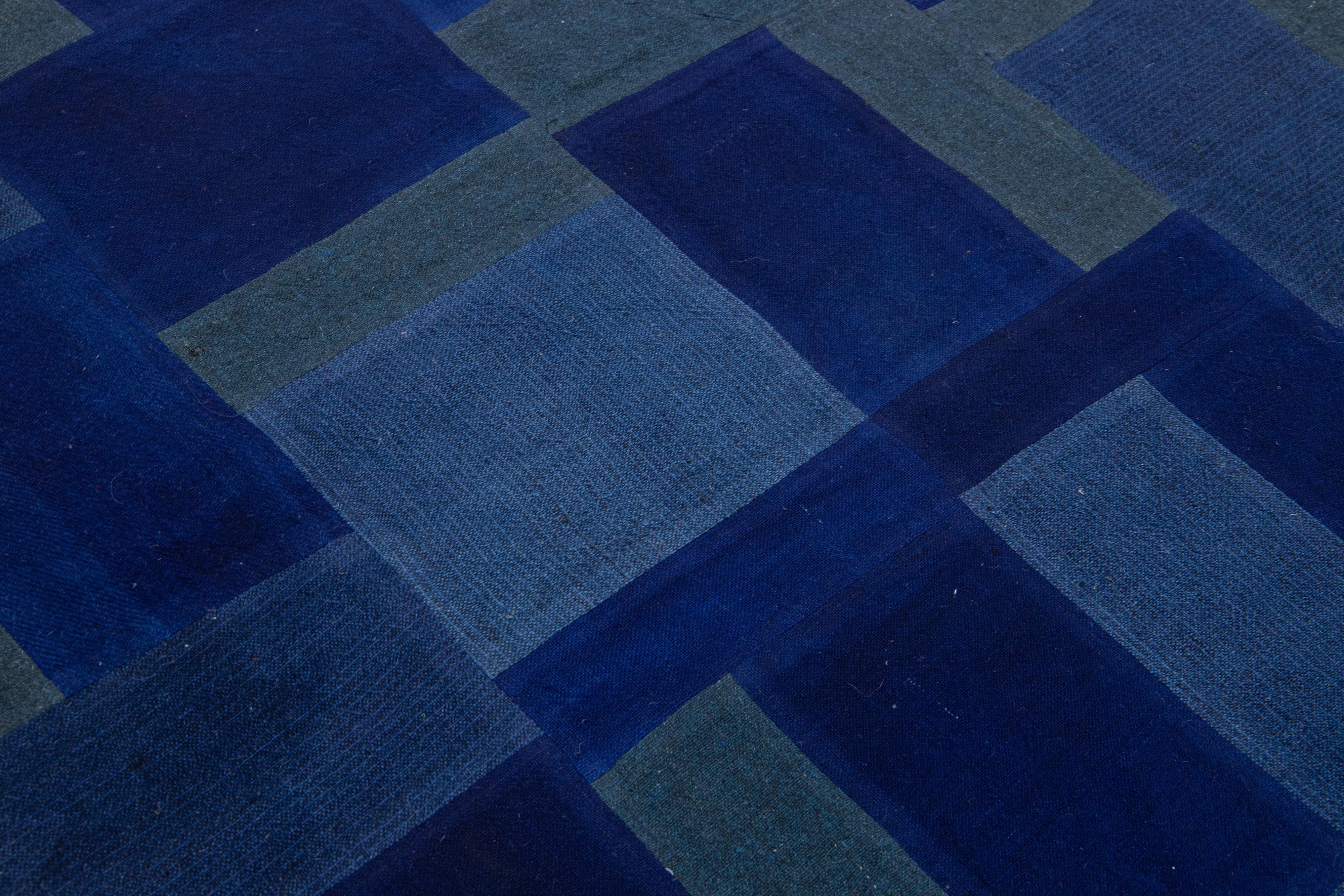 Contemporary Blue Indian Flat-Weave Wool Rug For Sale 6