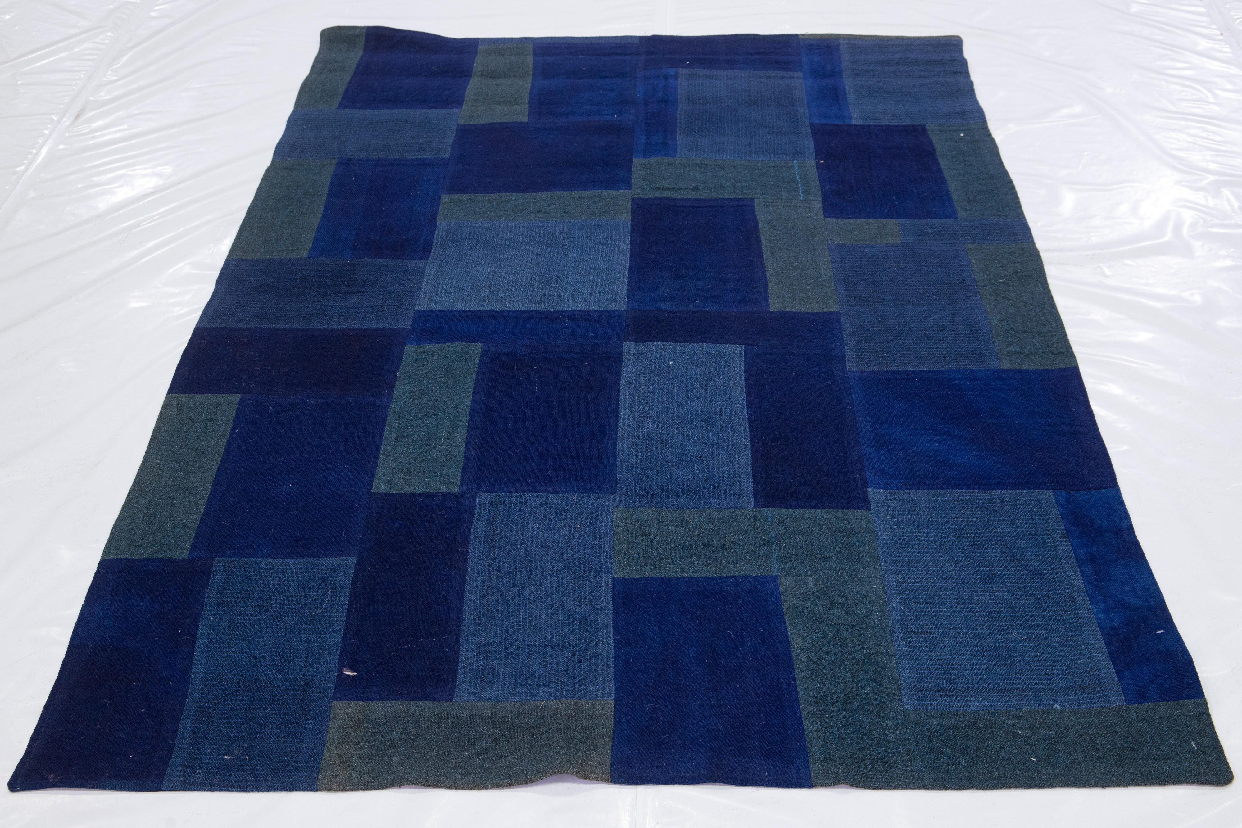Contemporary Blue Indian Flat-Weave Wool Rug For Sale 7