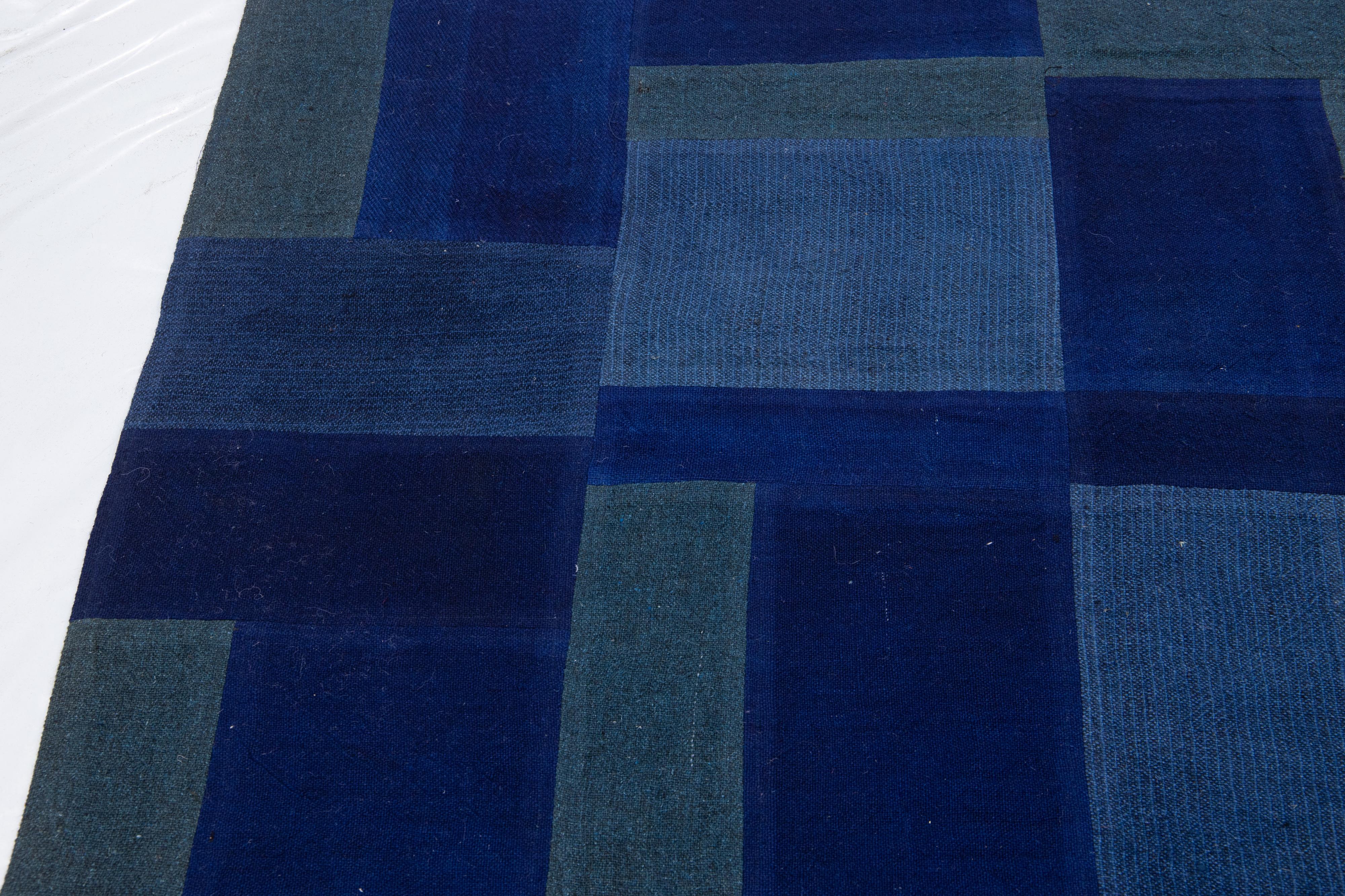 Contemporary Blue Indian Flat-Weave Wool Rug For Sale 8