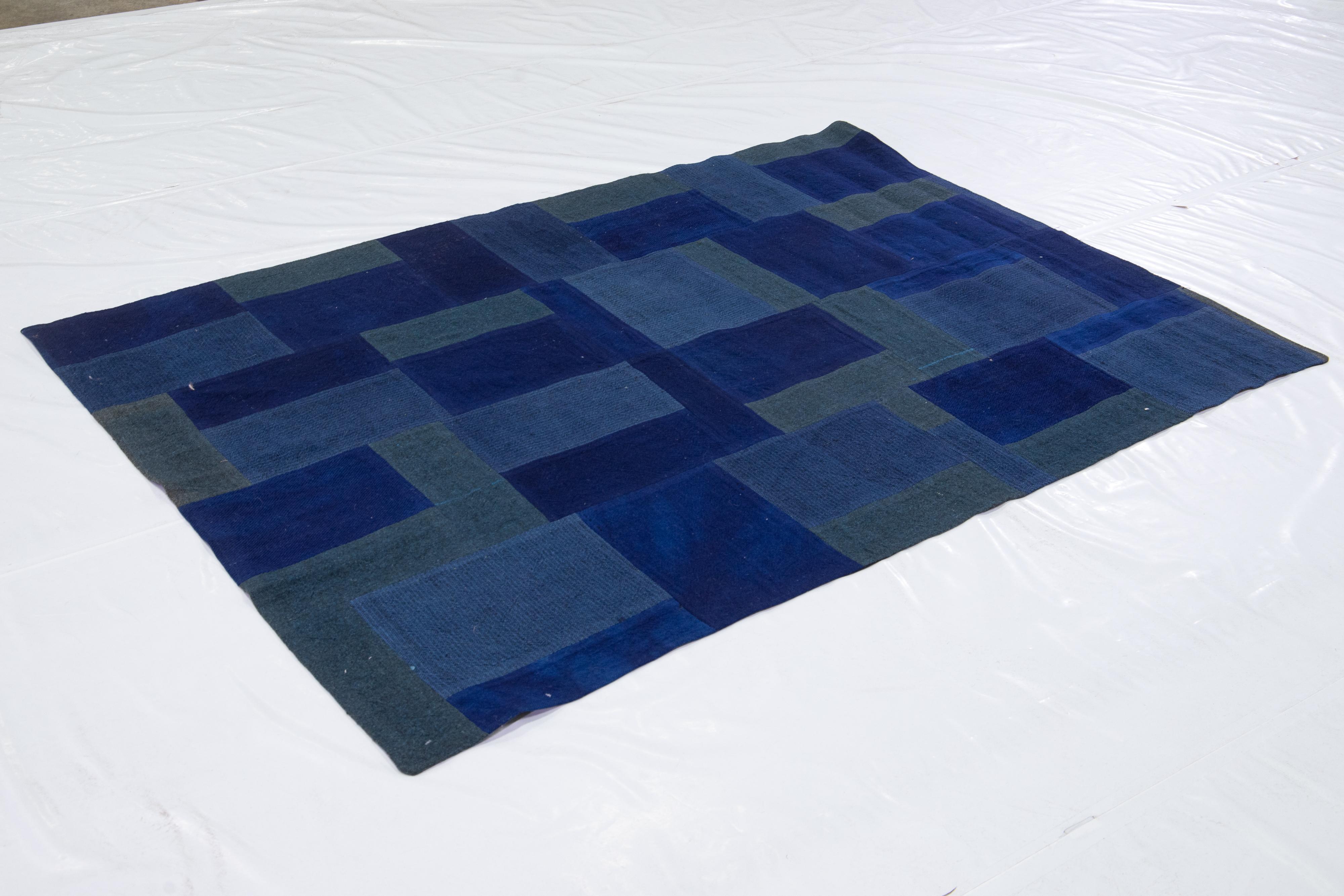 Hand-Knotted Contemporary Blue Indian Flat-Weave Wool Rug For Sale