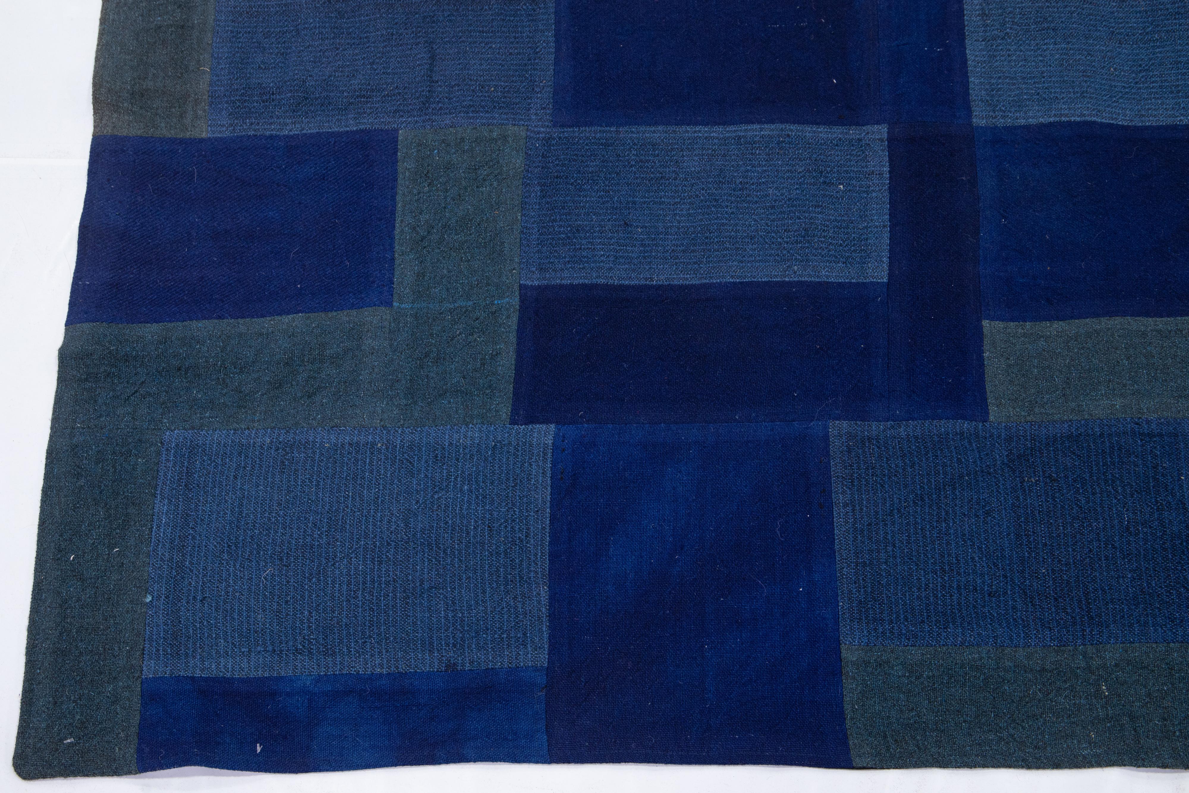 Contemporary Blue Indian Flat-Weave Wool Rug For Sale 1