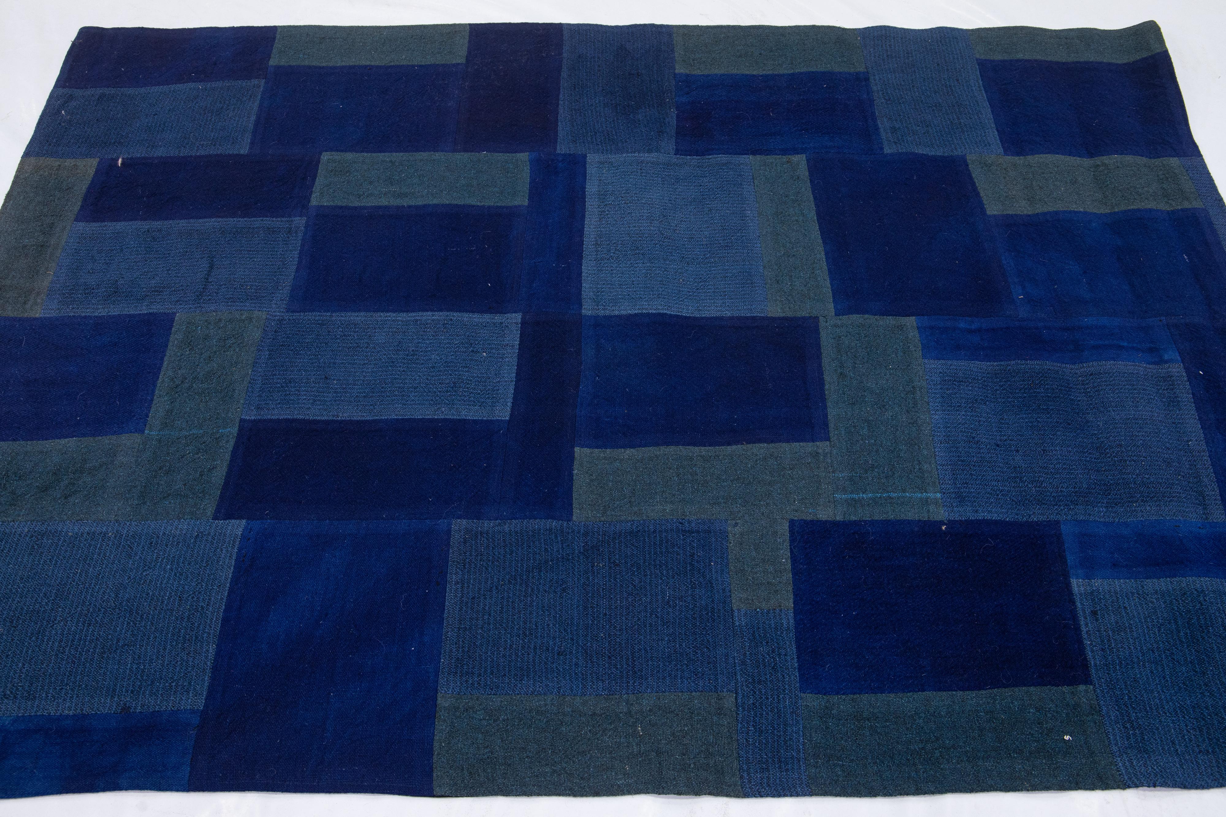 Contemporary Blue Indian Flat-Weave Wool Rug For Sale 2