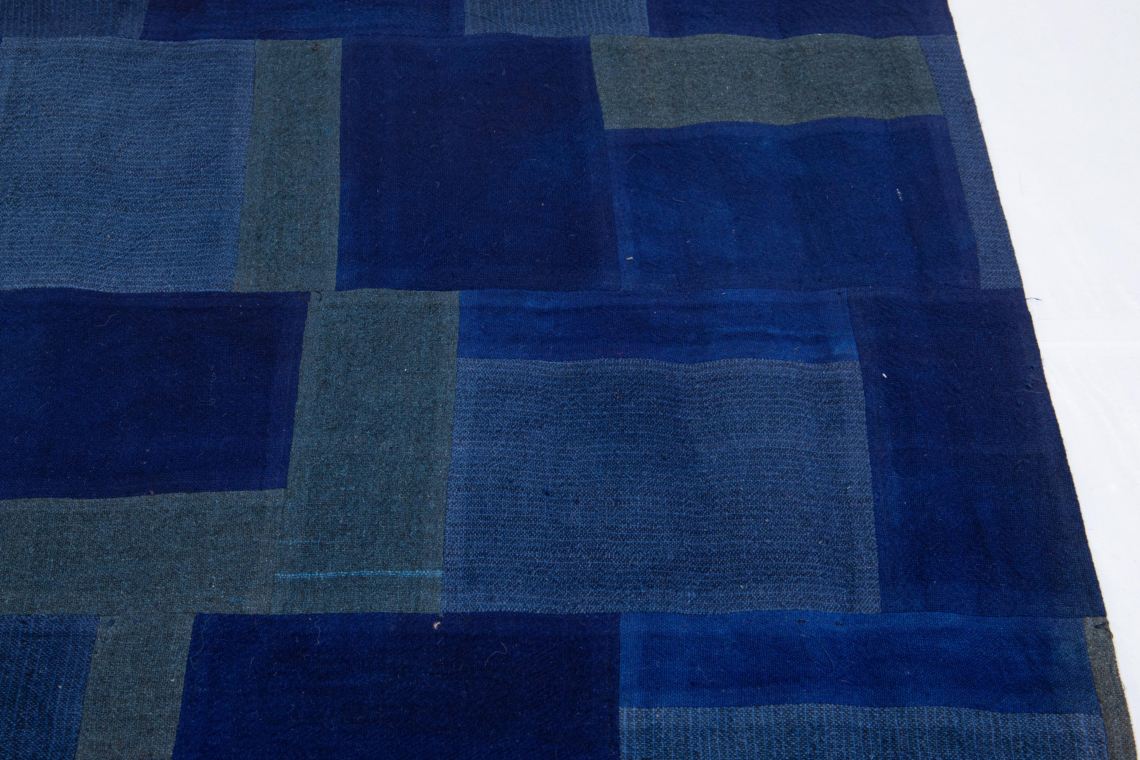 Contemporary Blue Indian Flat-Weave Wool Rug For Sale 3