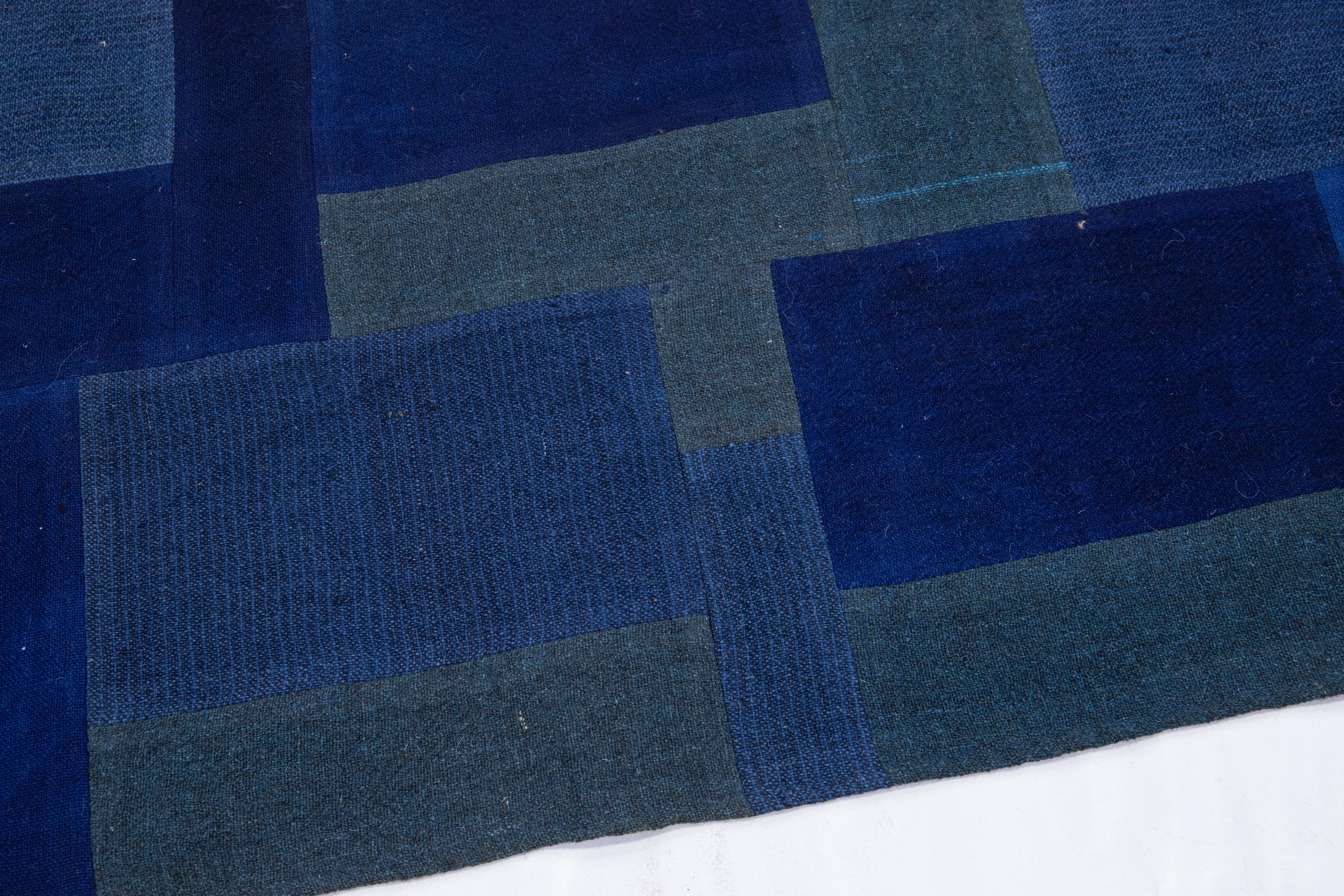 Contemporary Blue Indian Flat-Weave Wool Rug For Sale 4