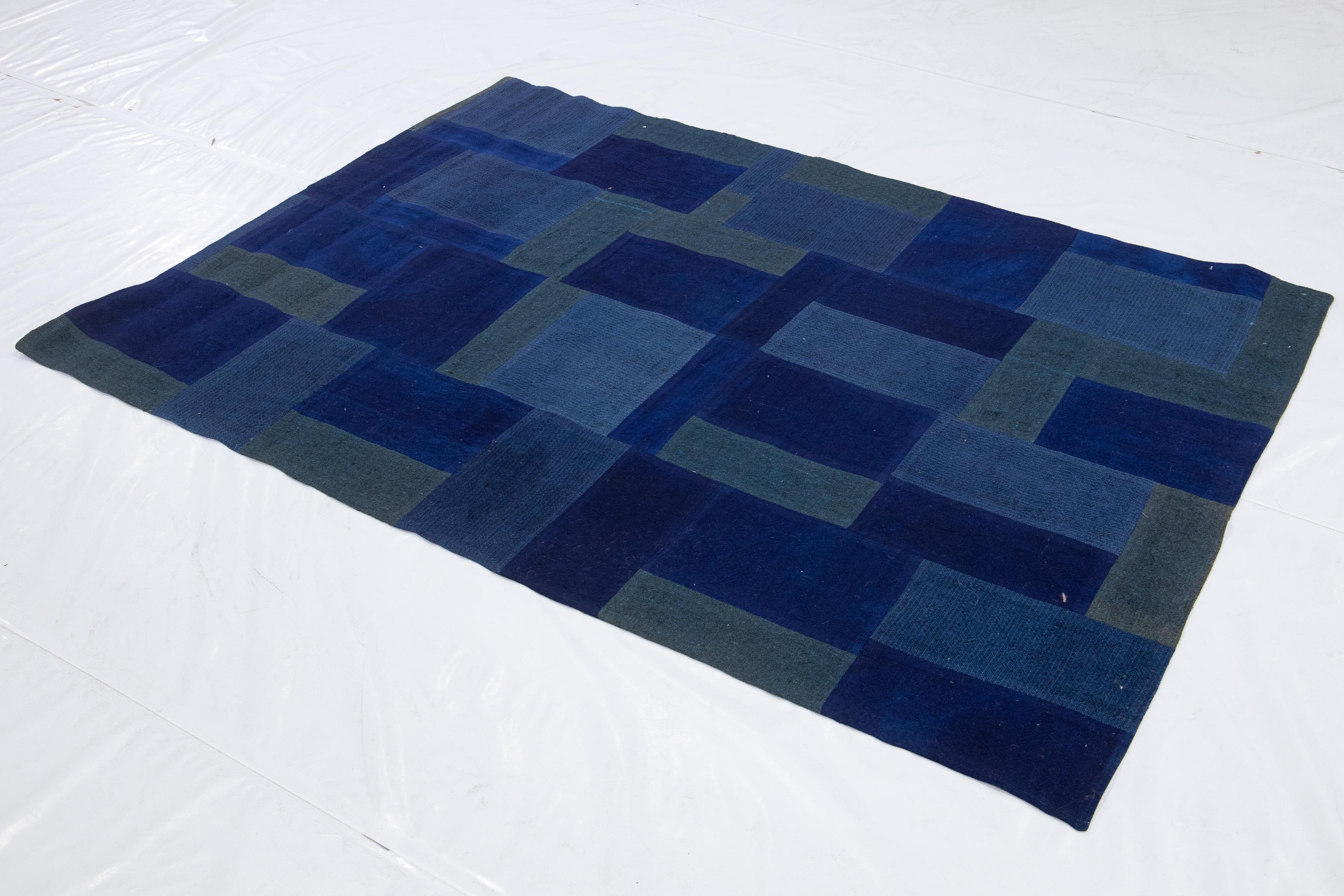 Contemporary Blue Indian Flat-Weave Wool Rug For Sale 5