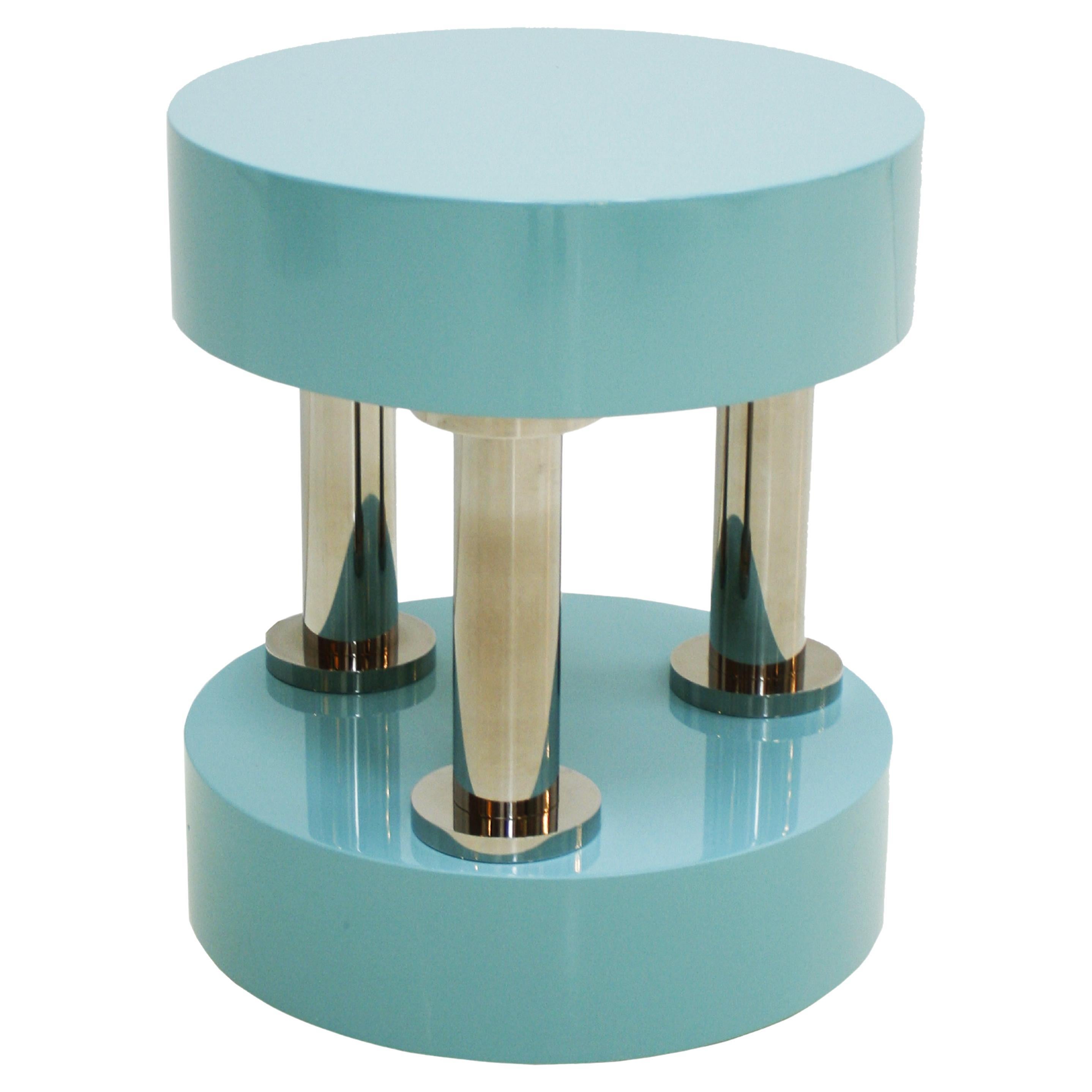 Contemporary Blue Lacquered and Polished Steel German Circular Side Table For Sale
