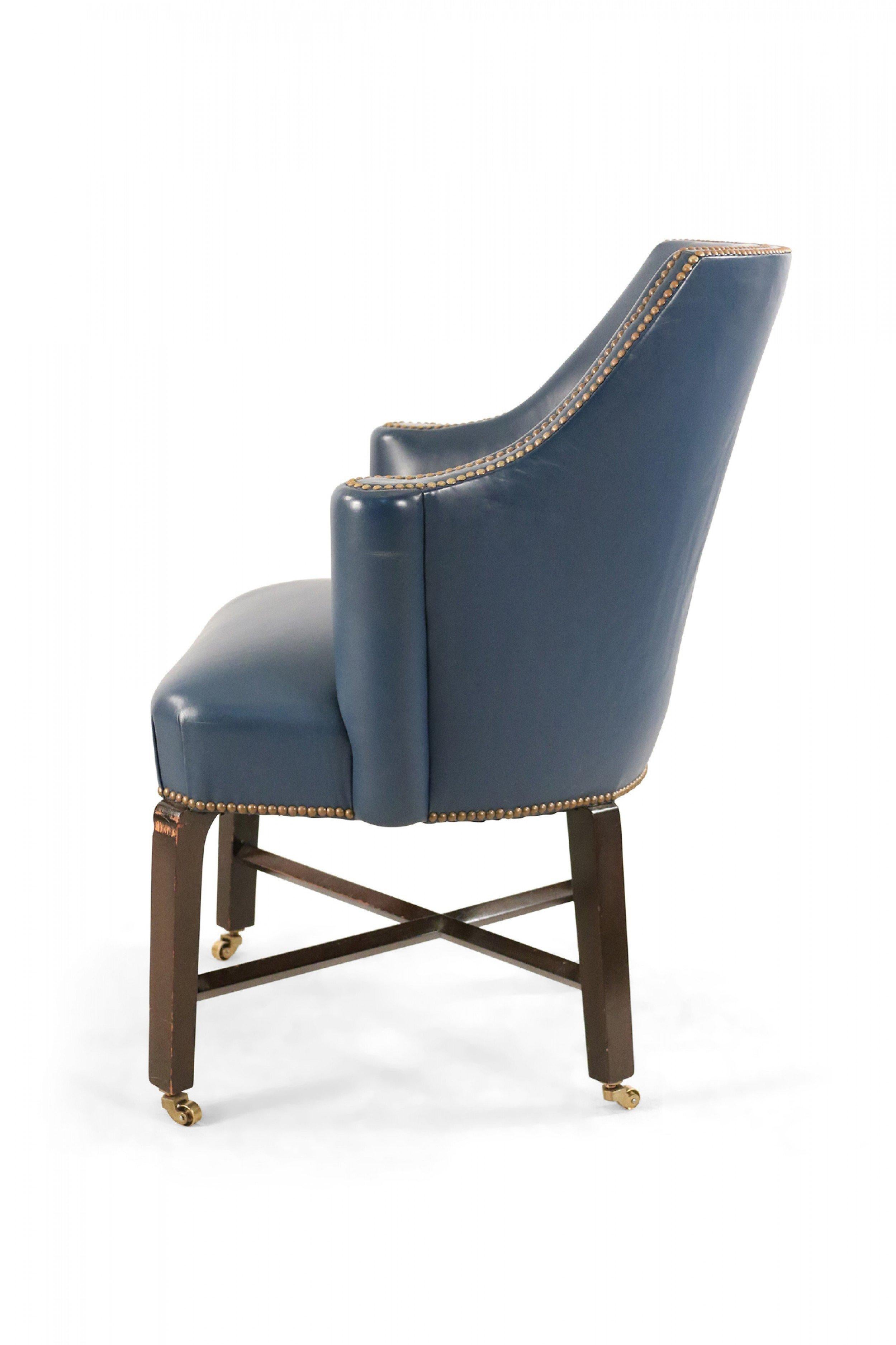 American Contemporary Blue Leather Rounded Back Club / Armchair For Sale