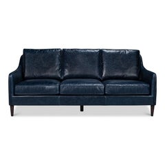 Contemporary Blue Leather Sofa with Track Arms