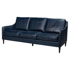 Contemporary Blue Leather Sofa with Track Arms