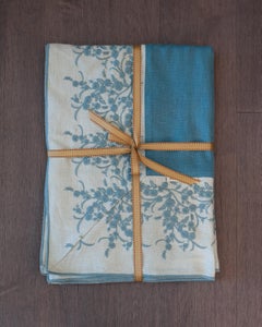 Contemporary Blue Linen Tablecloth with Floral Embroidered Border - 6' x 6'