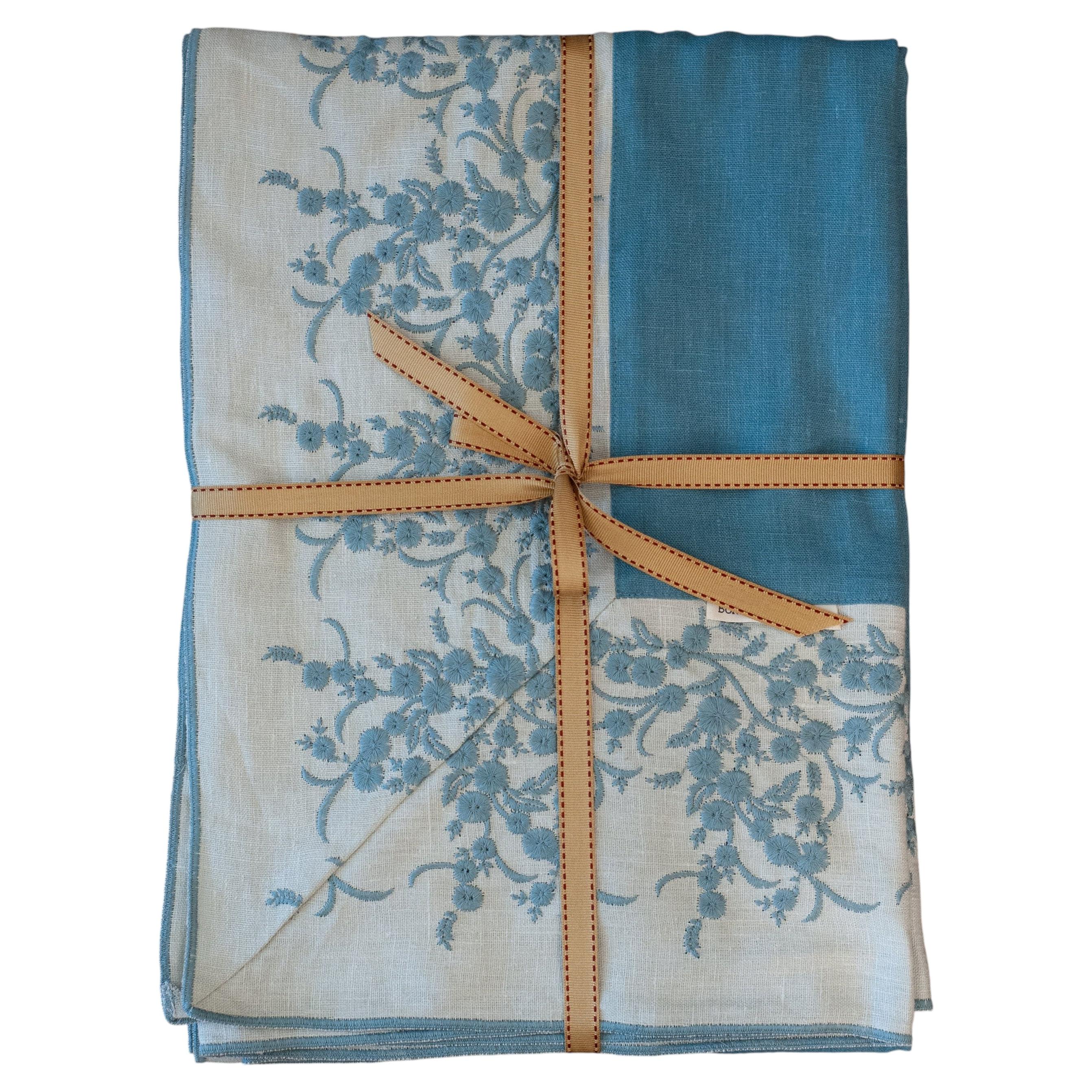 Contemporary Blue Linen Tablecloth with Floral Embroidered Border - 6' x 6' For Sale