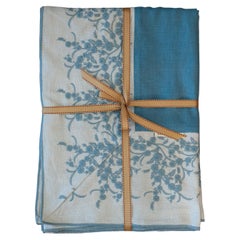 Contemporary Blue Linen Tablecloth with Floral Embroidered Border - 6' x 6'