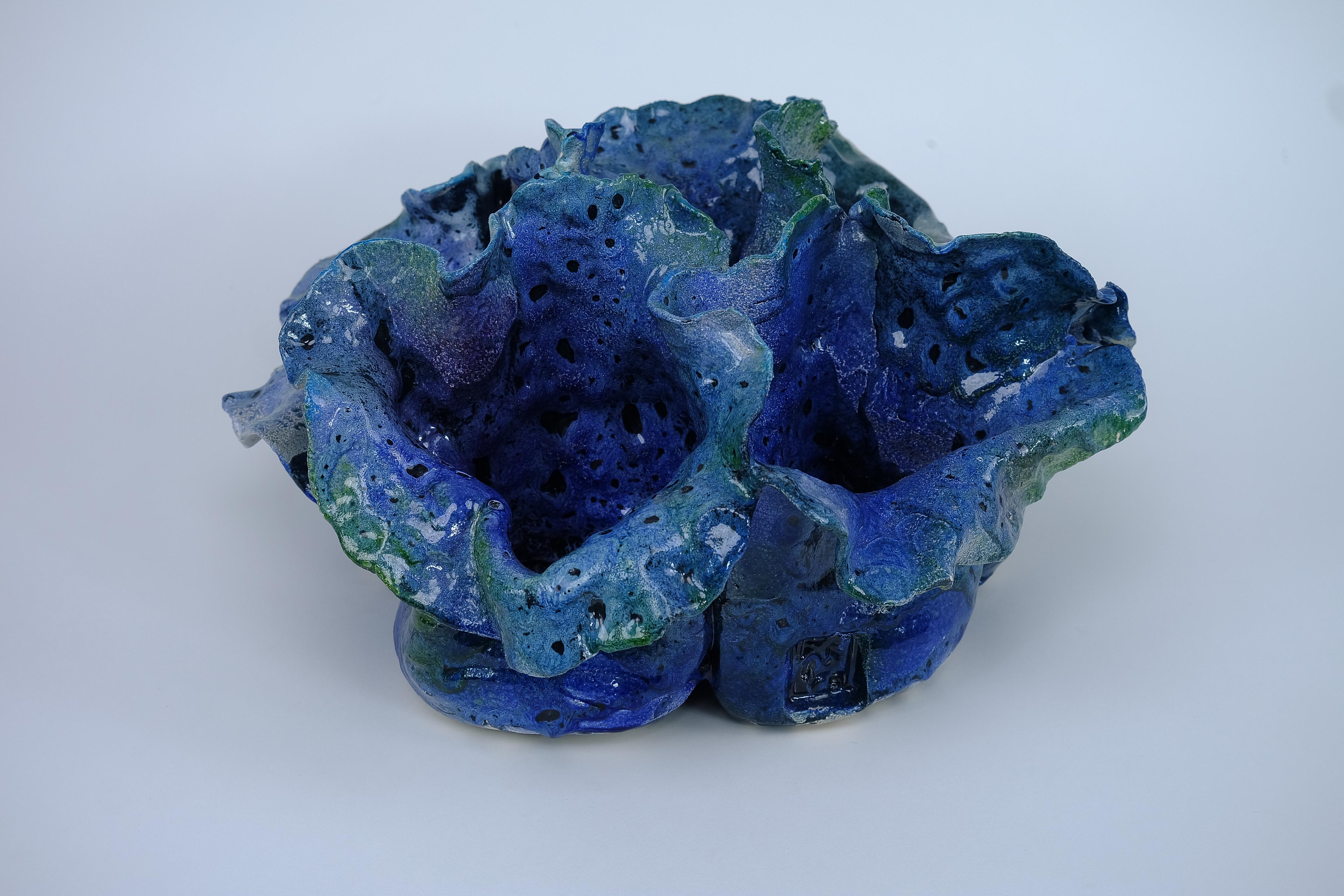 Expressionist Contemporary Italian Blue Earthenware Sculpture  For Sale