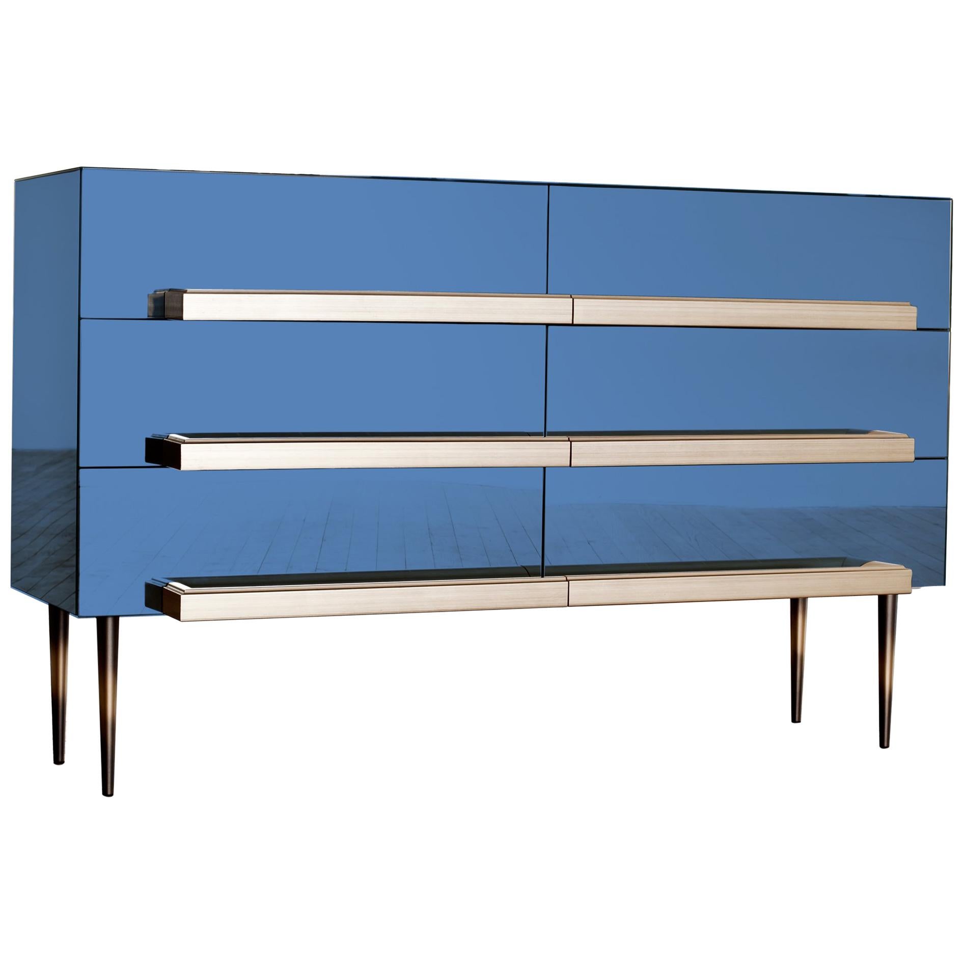 Contemporary Blue Mirrored Credenza with Champagne Molding Handles by Luis Pons For Sale