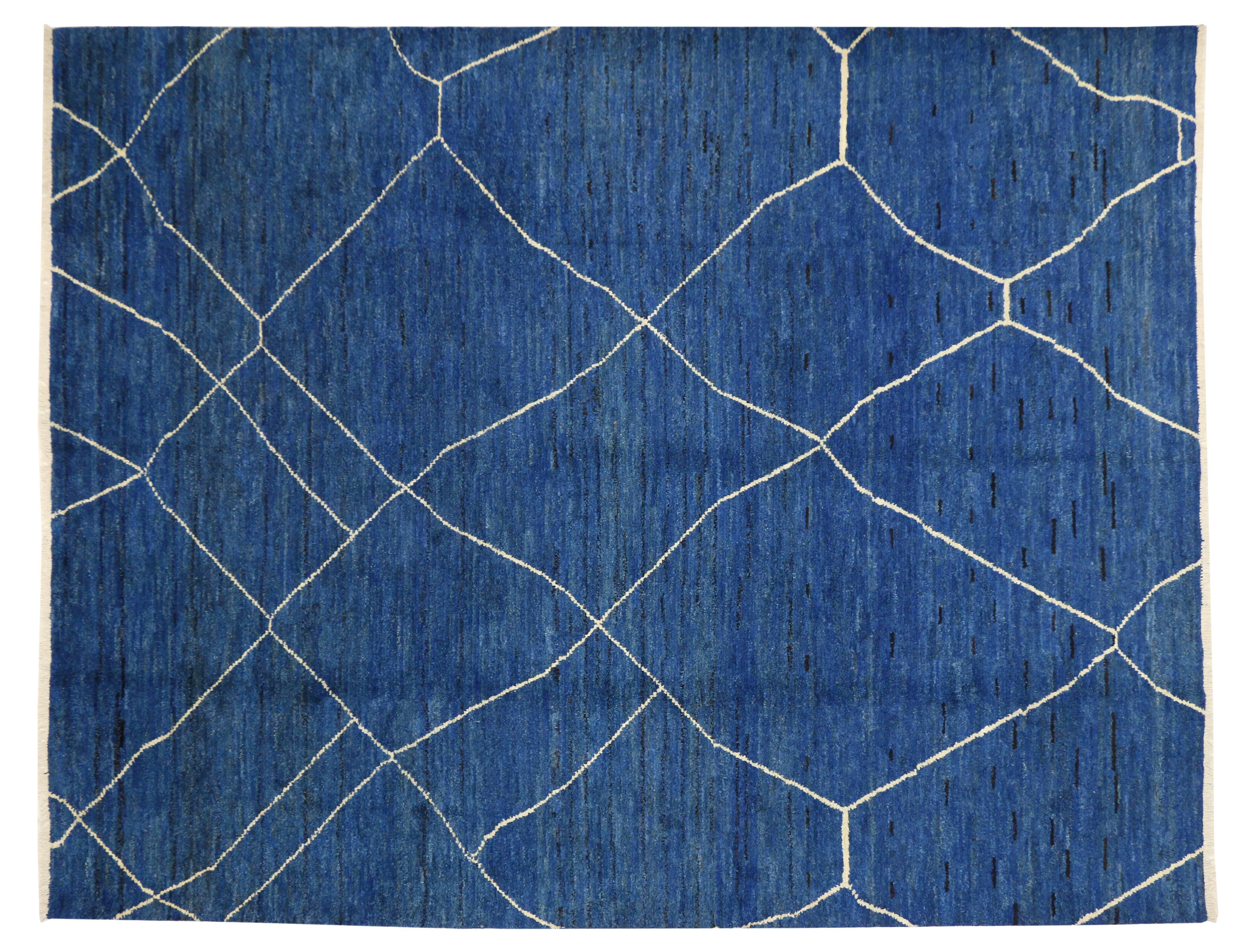 80290 Contemporary Moroccan Style Rug with Postmodern Memphis Design. This hand knotted wool contemporary Moroccan area rug with Postmodern Memphis design features an all-over diamond lattice pattern spread across an abrashed field of blue