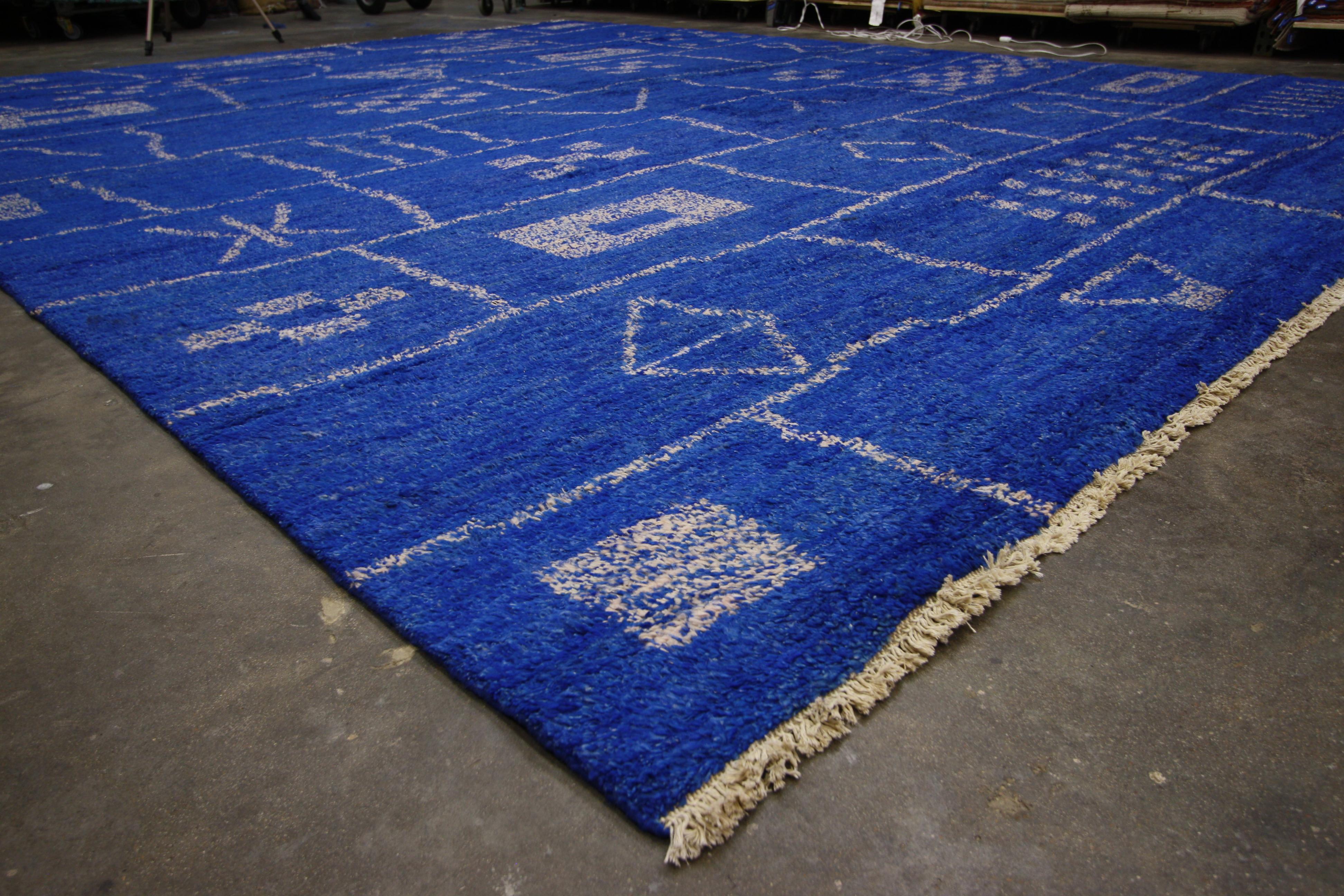 80365 Contemporary Blue Moroccan Area Rug with Modern Bauhaus Style. This hand knotted wool contemporary Moroccan area rug with features ambiguous organic shapes in different sizes. The tribal symbols of diamonds, fused triangles, X-shapes,