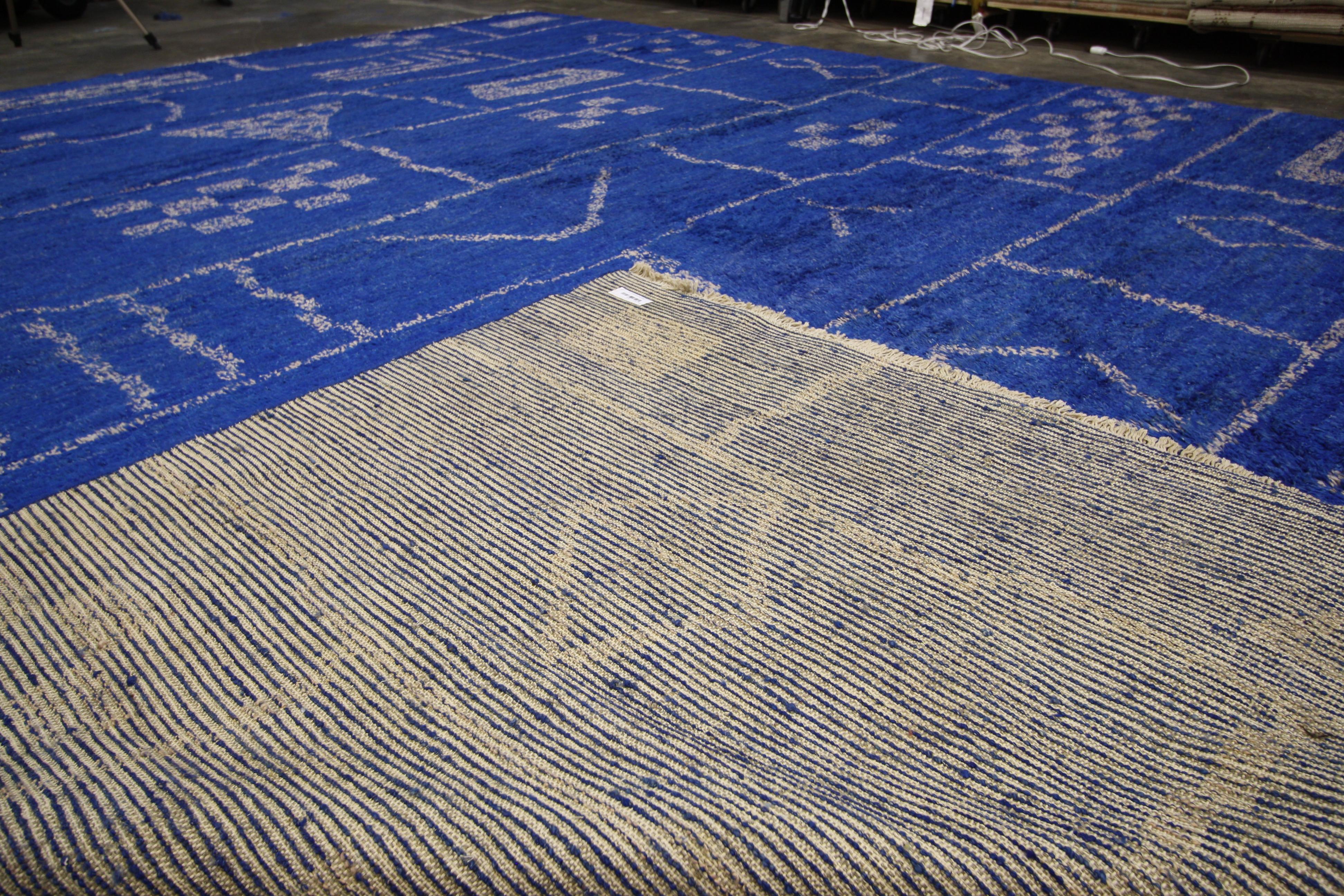 Hand-Knotted Contemporary Blue Moroccan Area Rug with Modern Bauhaus Style