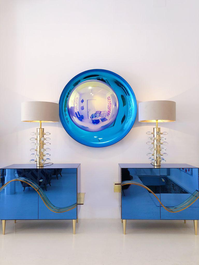 Contemporary Blue Murano Glass Mirror and Brass Pair of Italian Cabinets For Sale 7