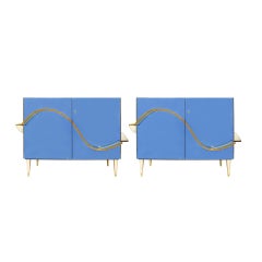 Contemporary Blue Murano Glass Mirror and Brass Pair of Italian Cabinets