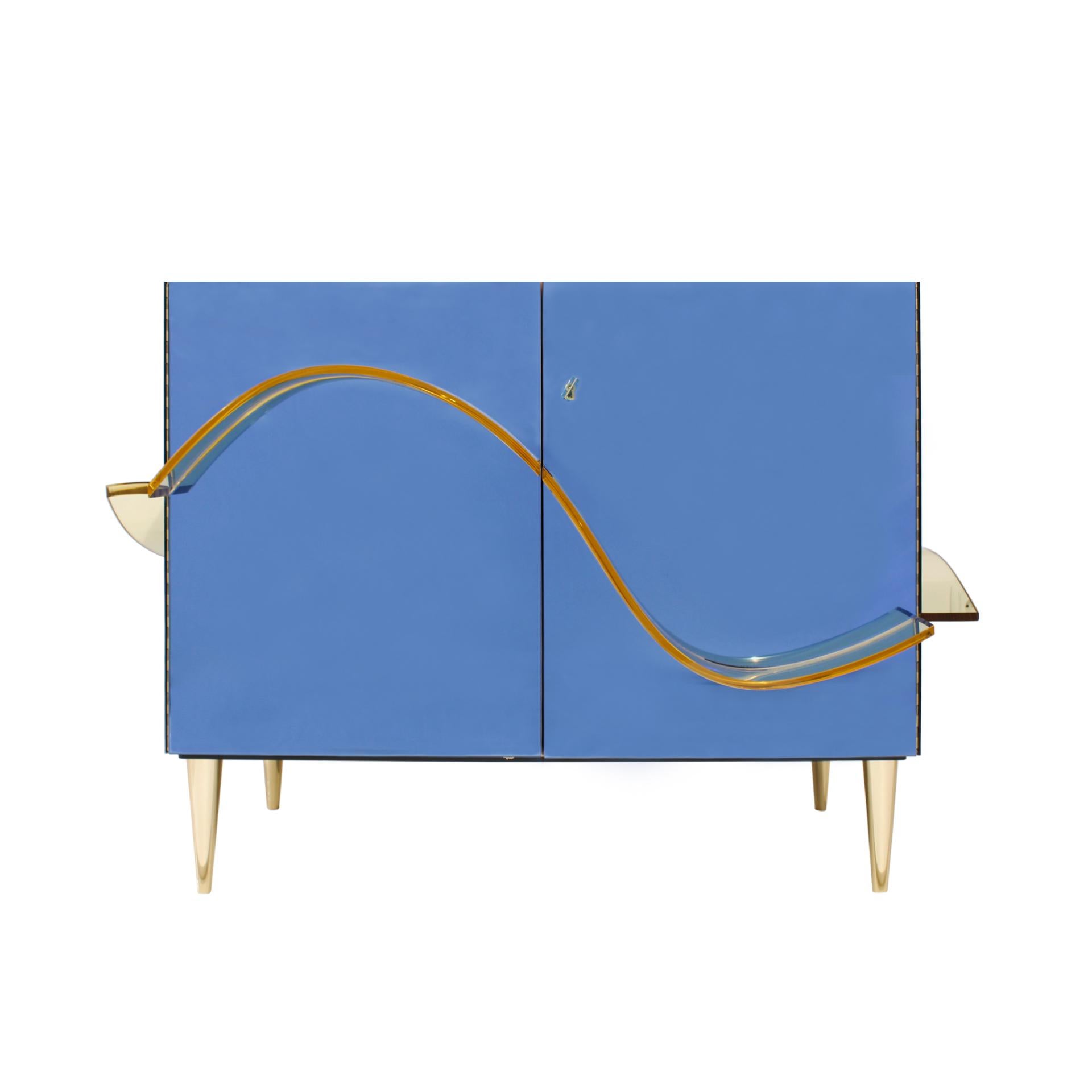 Modern Contemporary Blue Murano Glass Mirror and Brass Pair of Italian Cabinets For Sale
