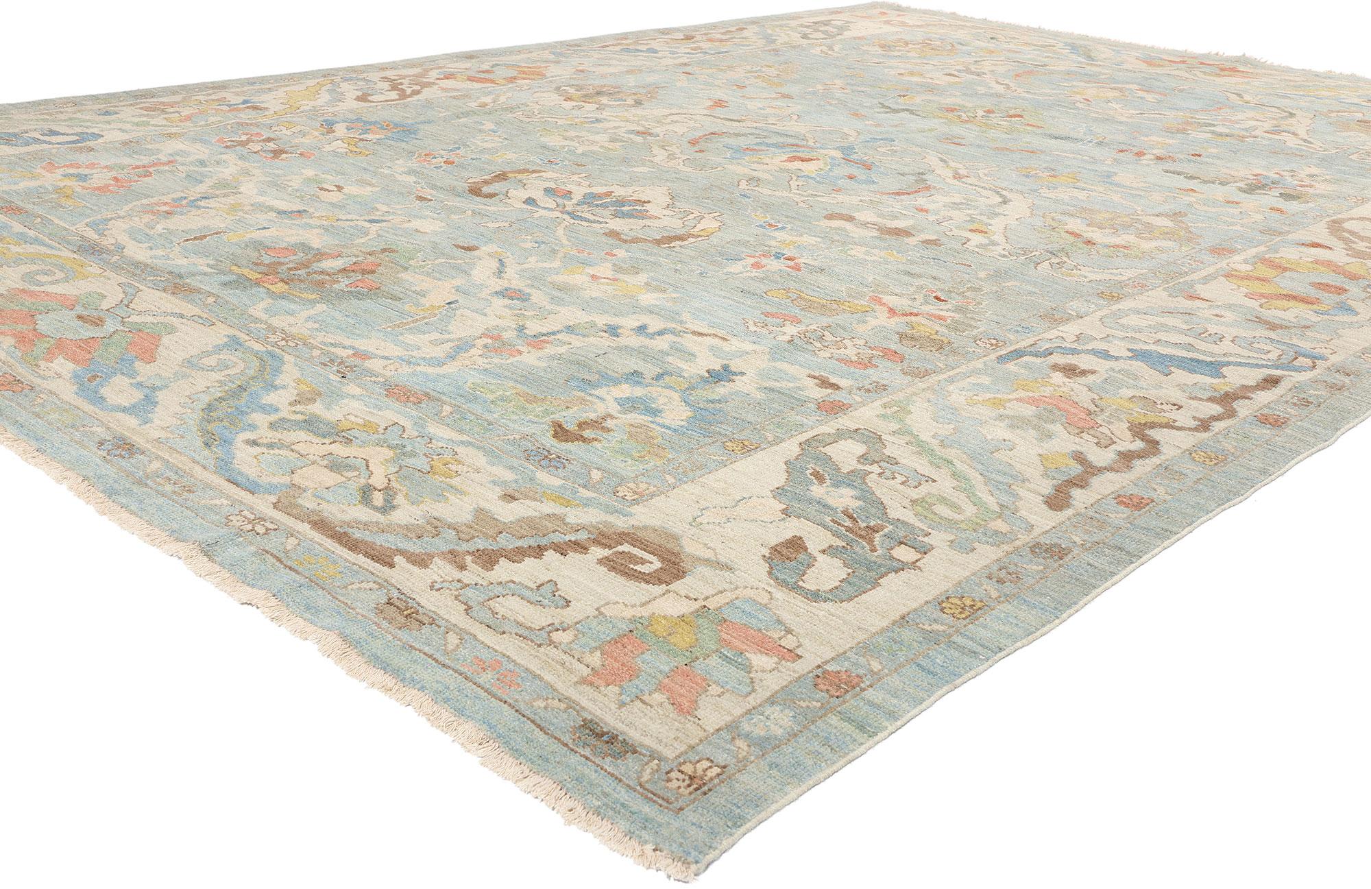 61296 Moderner hellblauer persischer Sultanabad-Teppich, 10'01 x 14'01. Die aus der iranischen Region Sultanabad stammenden persischen Sultanabad-Teppiche sind weithin für ihre hervorragende Handwerkskunst, ihre widerstandsfähigen Materialien und