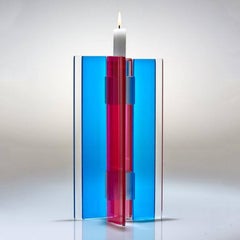 Contemporary Blue & Pink Glass & Aluminum Candlestick