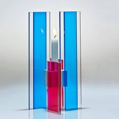 Contemporary Blue & Pink Glass & Aluminum Candlestick