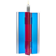 Contemporary Blue & Pink Glass & Aluminum Candlestick