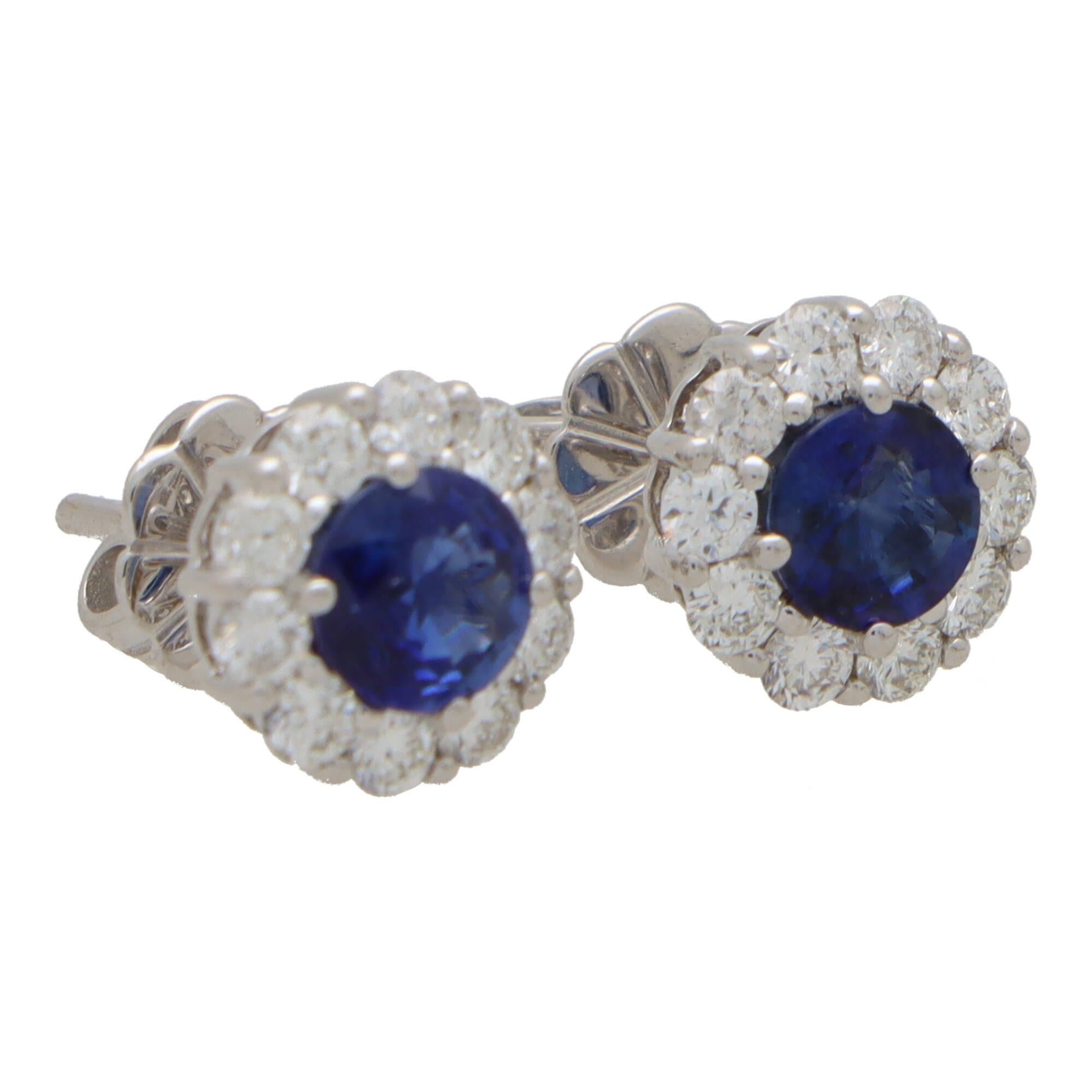 Modern Contemporary Blue Sapphire and Diamond Cluster Earrings in 18k White Gold For Sale