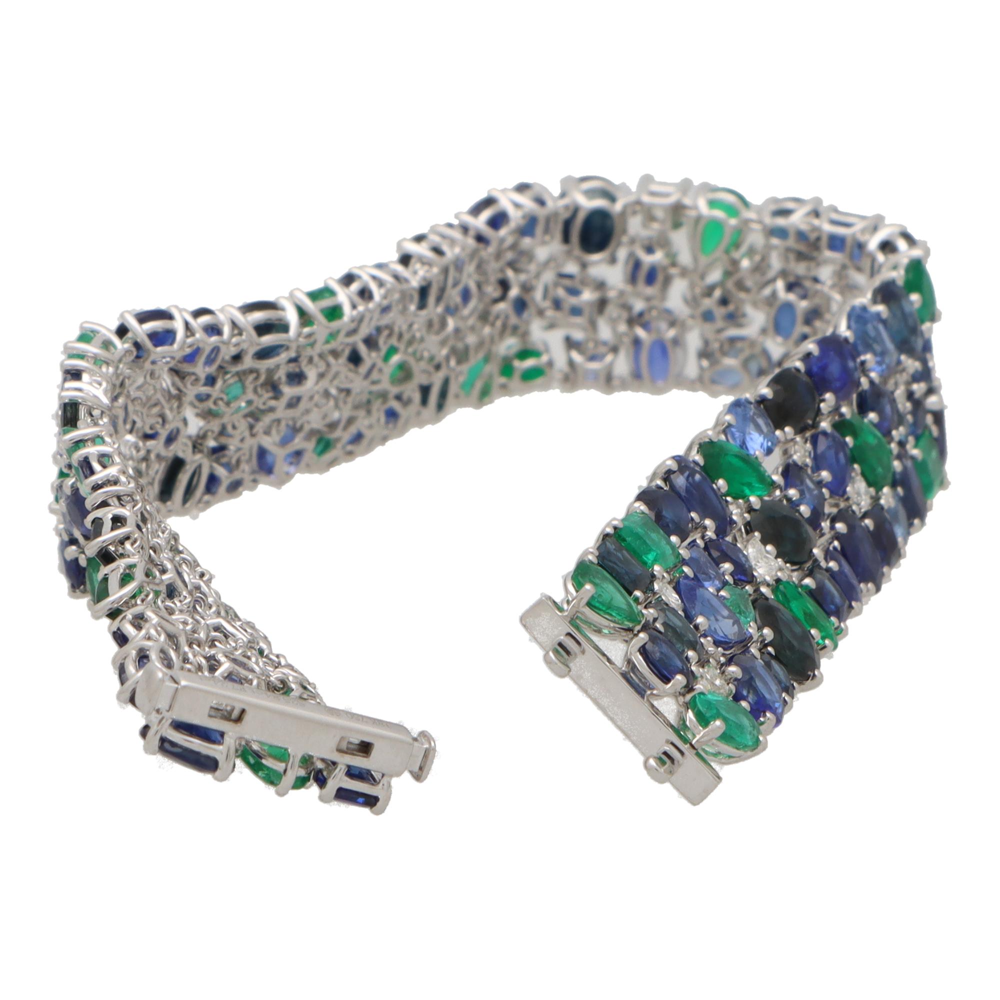 Modern Contemporary Blue Sapphire, Emerald and Diamond Bracelet Set in 18k White Gold For Sale