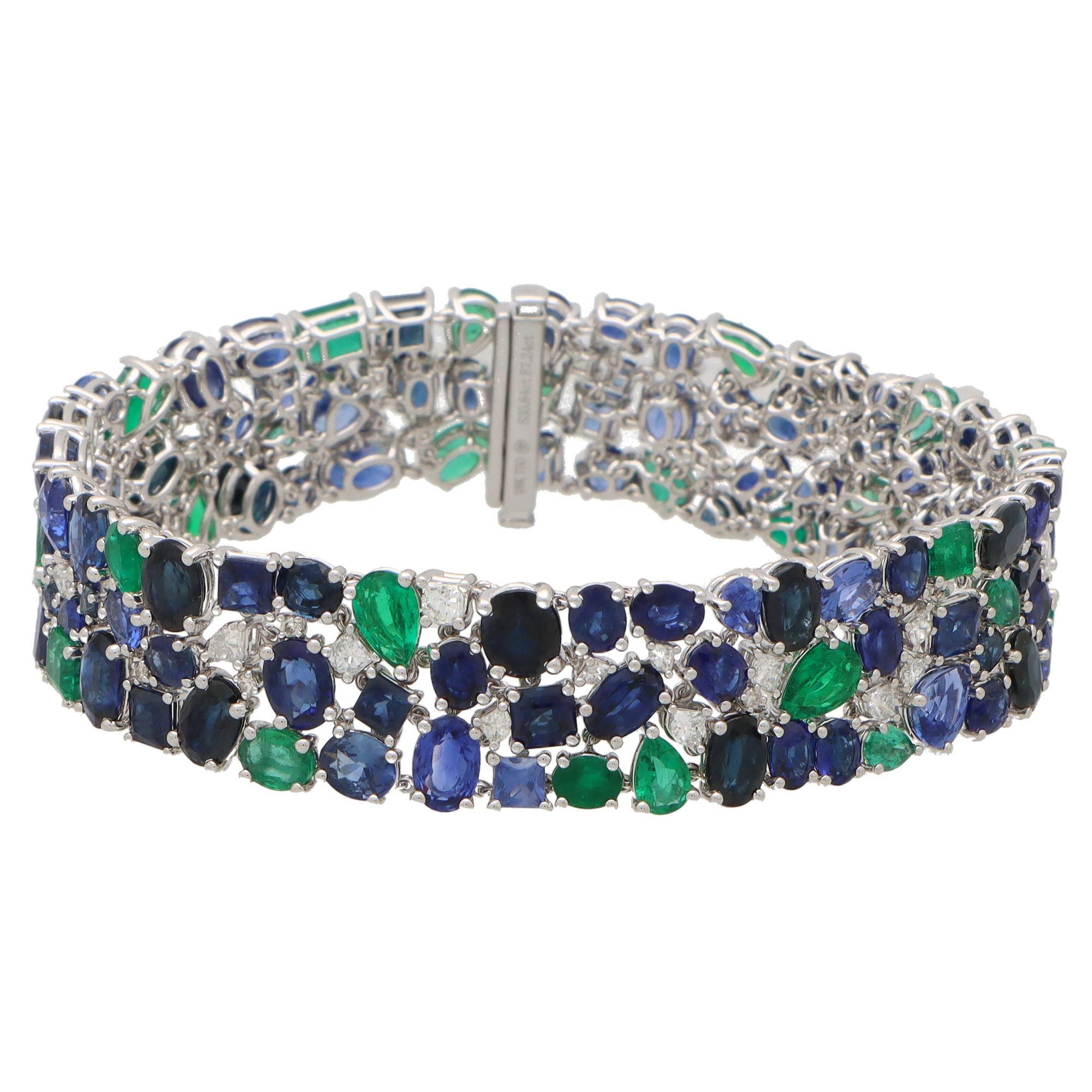 Mixed Cut Contemporary Blue Sapphire, Emerald and Diamond Bracelet Set in 18k White Gold For Sale