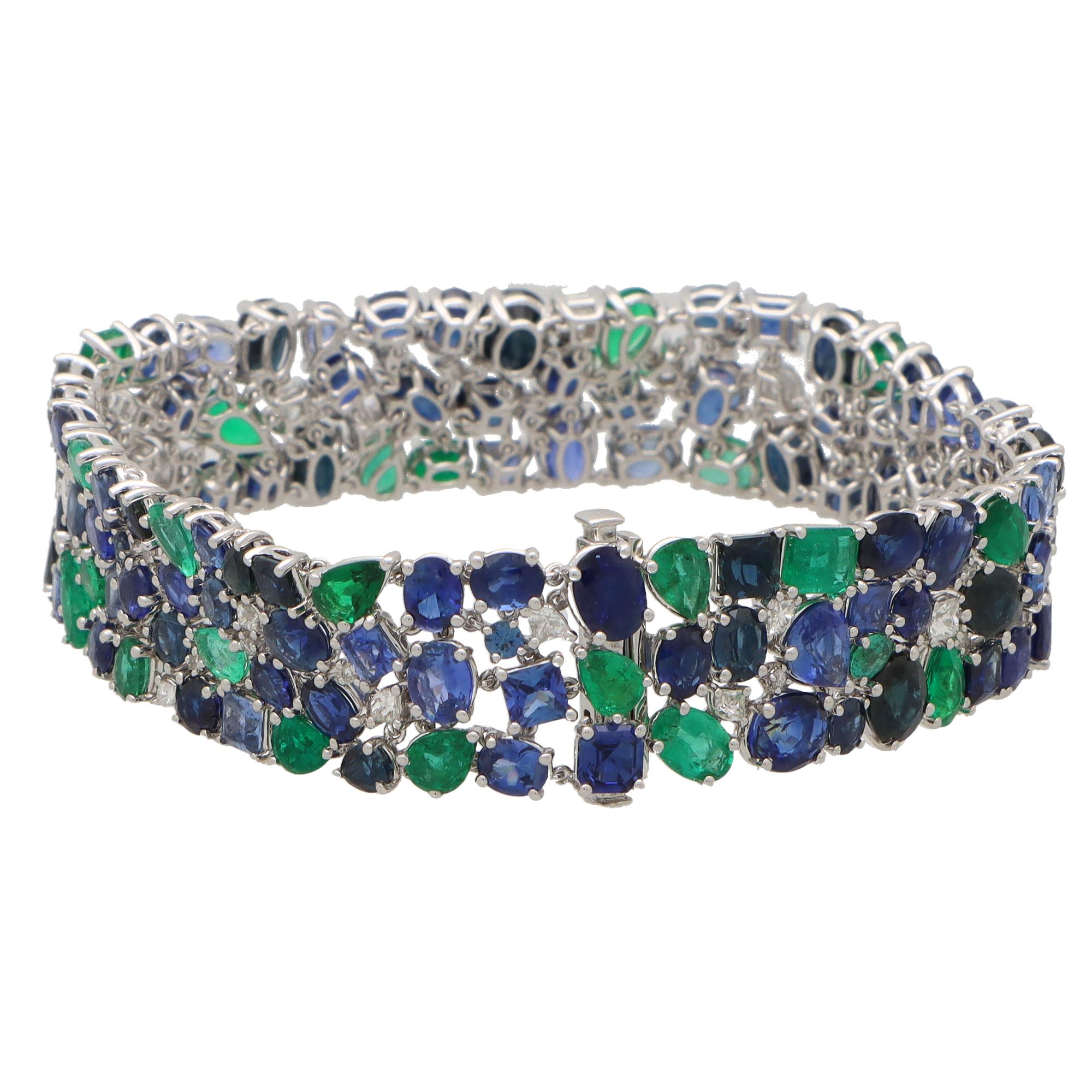 Women's or Men's Contemporary Blue Sapphire, Emerald and Diamond Bracelet Set in 18k White Gold For Sale