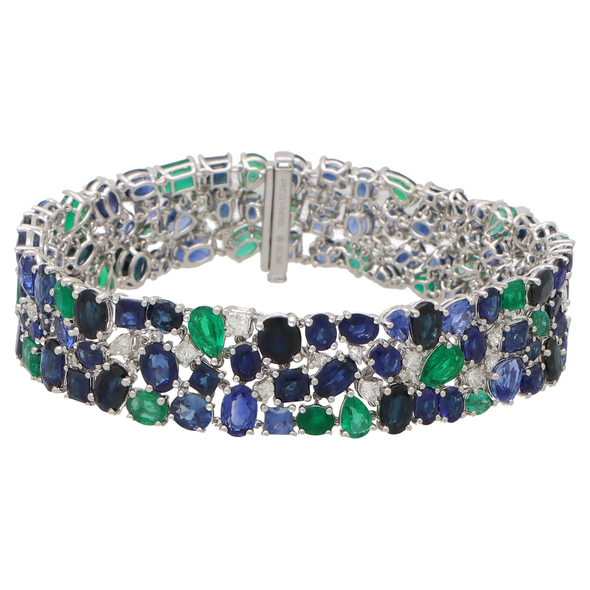 Contemporary Blue Sapphire, Emerald and Diamond Bracelet Set in 18k White Gold For Sale
