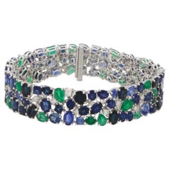 Contemporary Blue Sapphire, Emerald and Diamond Bracelet Set in 18k White Gold