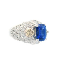 Contemporary  Blue Sapphire & Fancy Diamond Platinum Ring