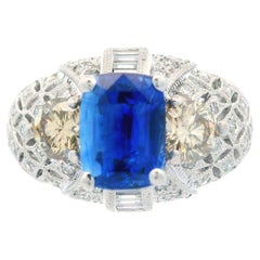 Contemporary  Blue Sapphire & Fancy Diamond Platinum Ring