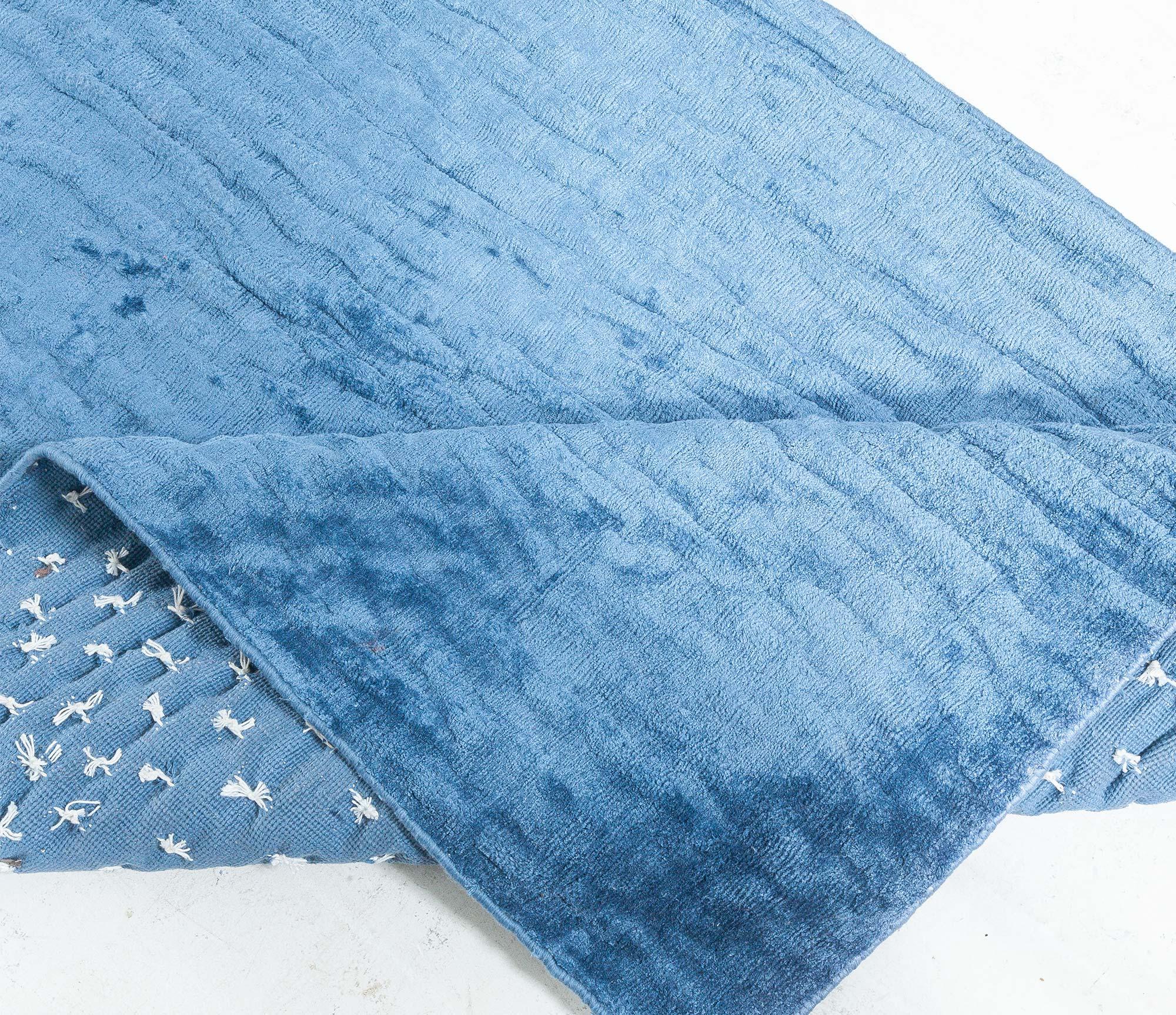 Hand-Knotted Contemporary Blue Silk Runner For Sale