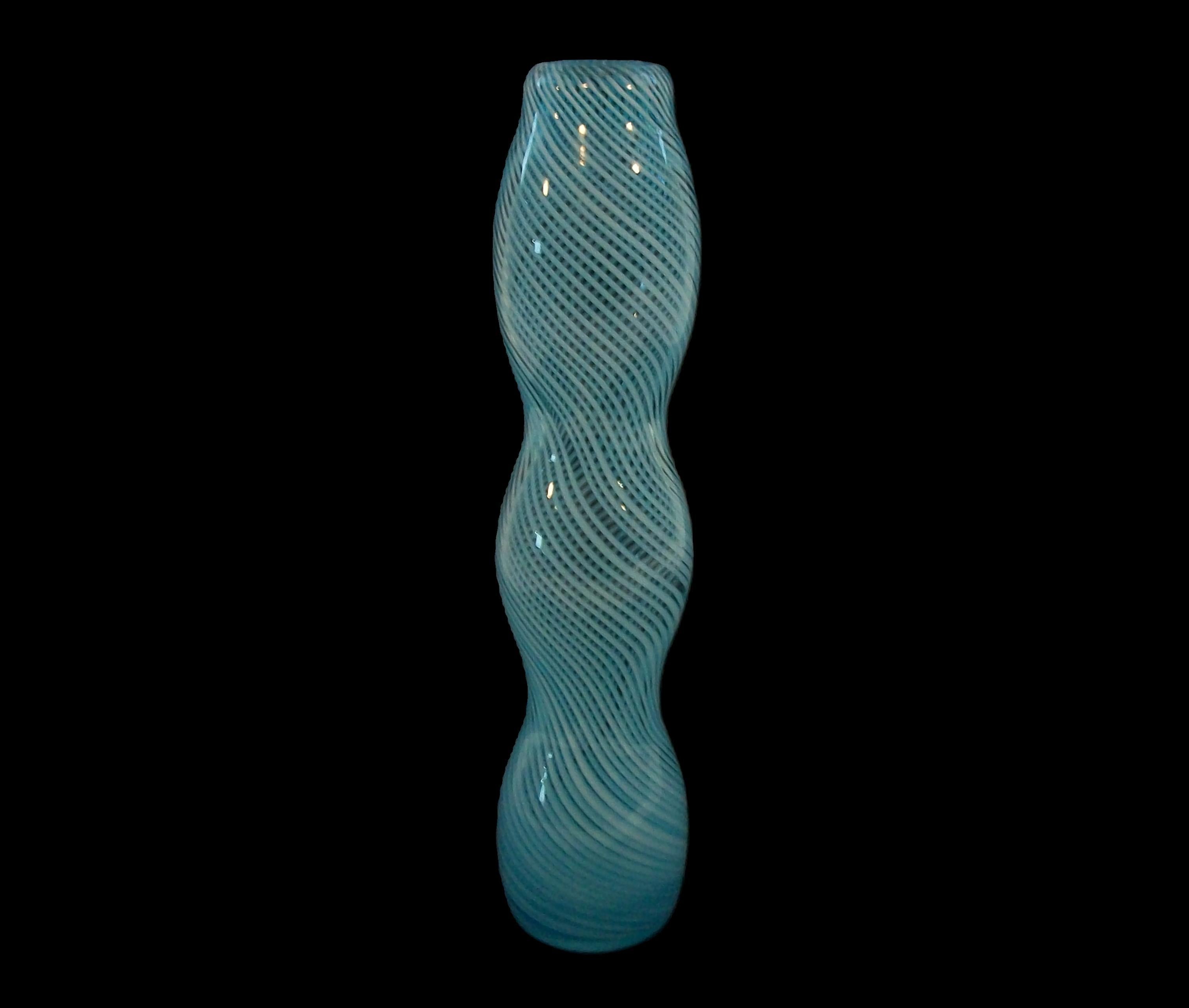 Contemporary blue swirl art glass vase - featuring a slender, triple gourd shape - polished base - unsigned - circa 1990's.

Excellent vintage condition - no loss - no damage - no restoration - minimal signs of age and use.

Size/Dimensions - Medium