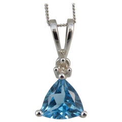 Vintage Contemporary Blue Topaz and Diamond Pendant and Chain in White Gold