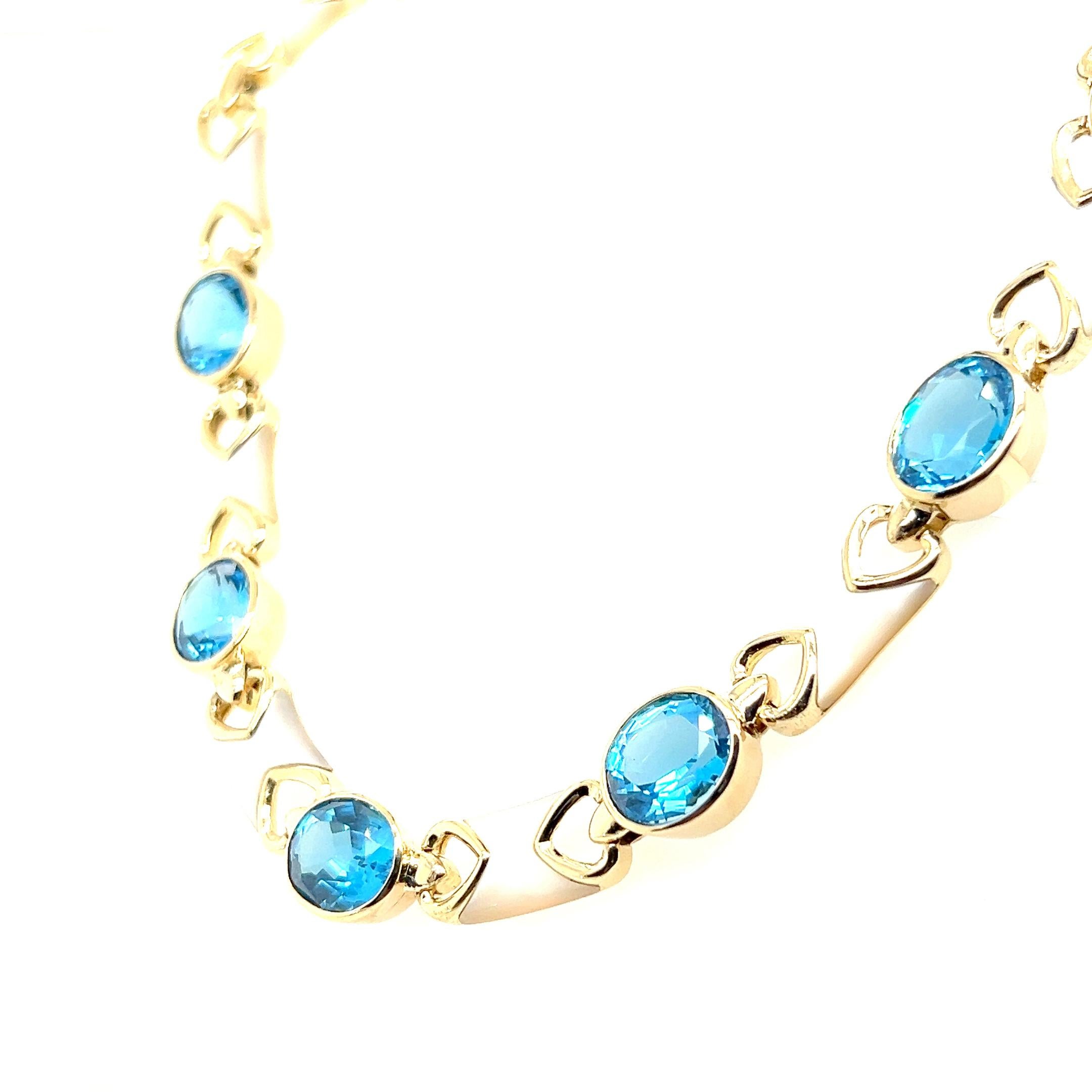 Collier contemporain à maillons en or jaune 14k, topaze bleue et nacre Années 1980 en vente 1