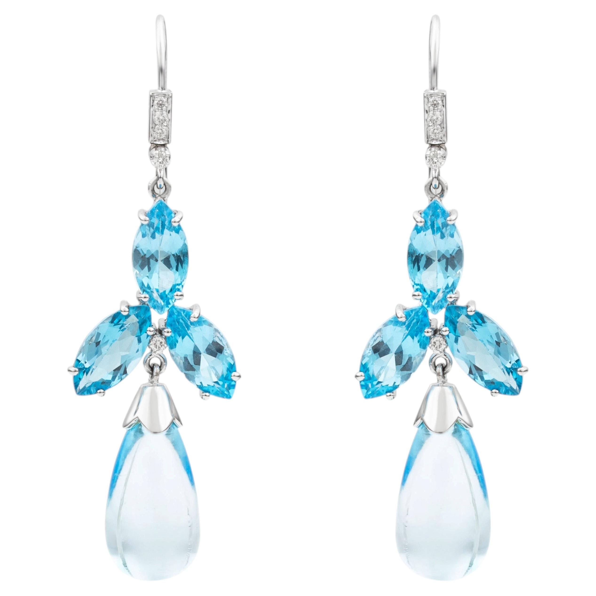 Pendientes colgantes contemporáneos con topacio azul y diamantes en forma de briolette, en oro de 18 quilates