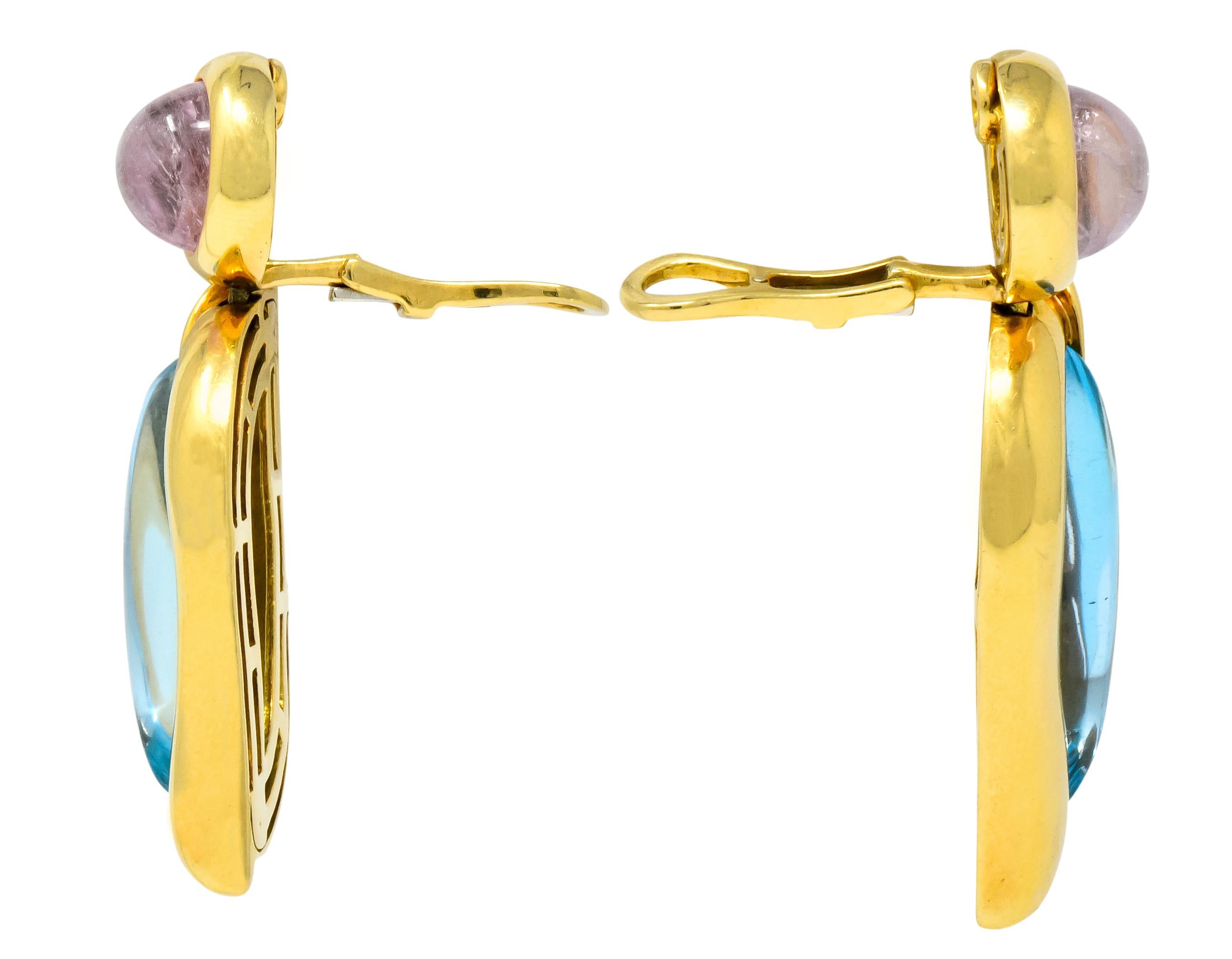 Women's or Men's Contemporary Blue Topaz Pink Tourmaline 18 Karat Gold Drop Ear-Clip Earrings
