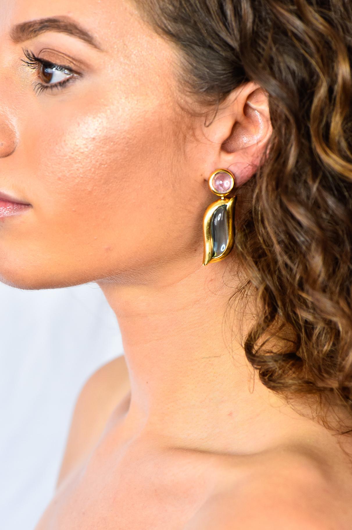Contemporary Blue Topaz Pink Tourmaline 18 Karat Gold Drop Ear-Clip Earrings 3